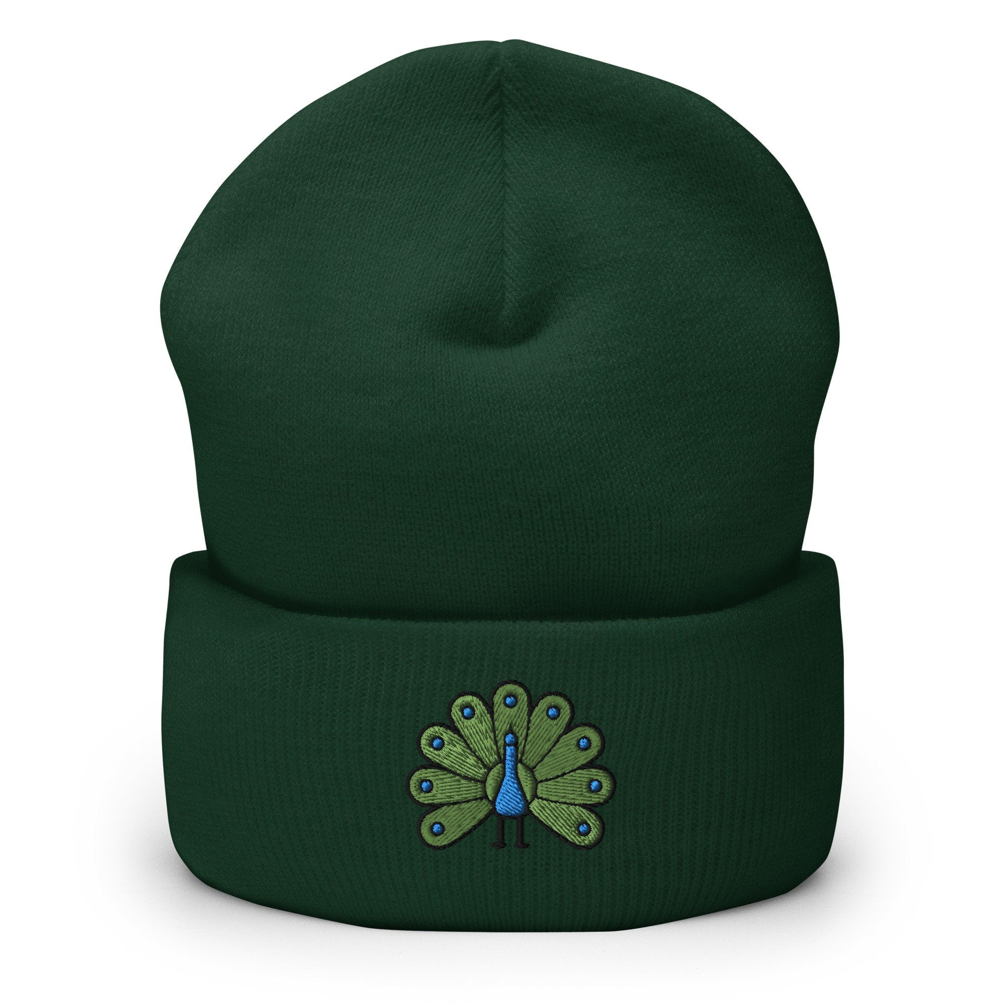 Colorful Peacock Bird Embroidered Beanie, Handmade Cuffed Knit Unisex Slouchy Adult Winter Hat Cap Gift