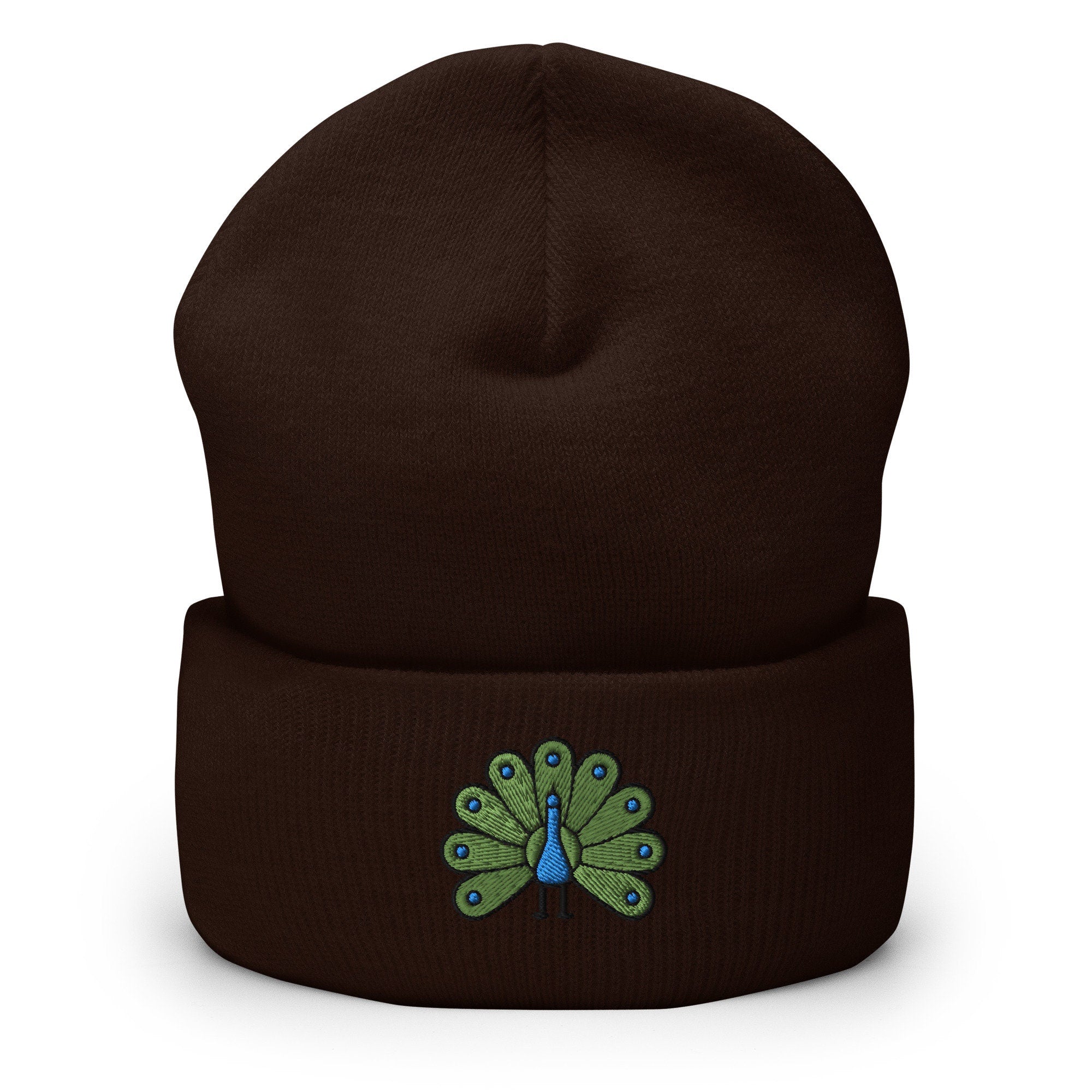 Colorful Peacock Bird Embroidered Beanie, Handmade Cuffed Knit Unisex Slouchy Adult Winter Hat Cap Gift