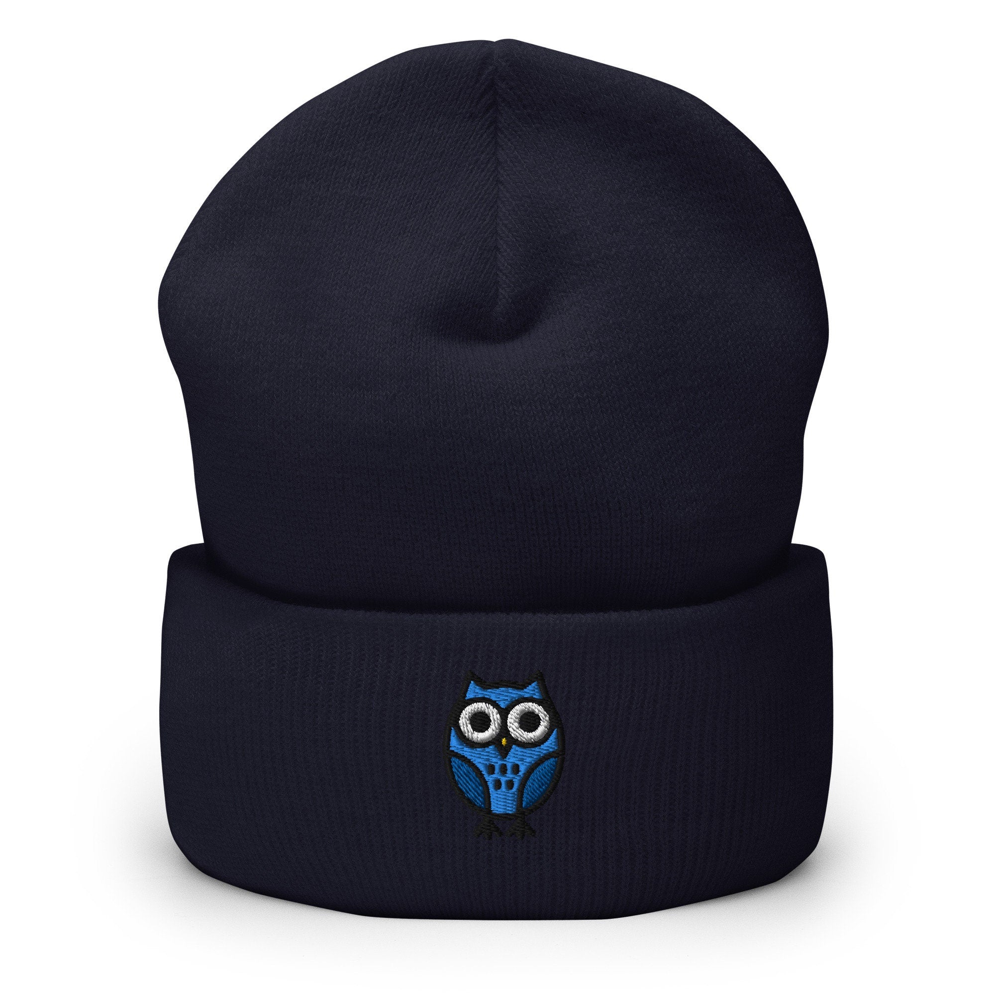 Blue Owl Embroidered Beanie, Handmade Cuffed Knit Unisex Slouchy Adult Winter Hat Cap Gift
