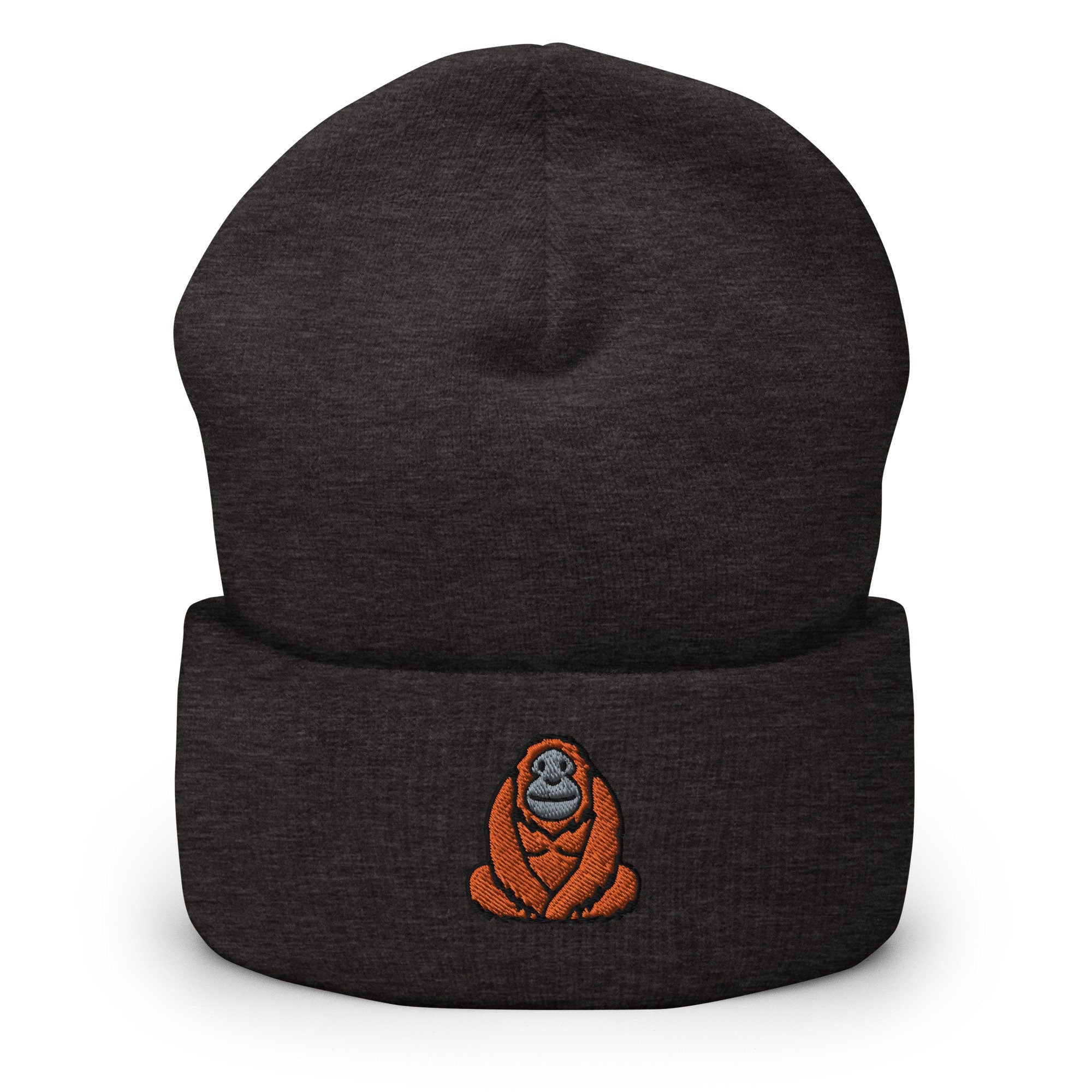 Orangutan Great Ape Embroidered Beanie, Handmade Cuffed Knit Unisex Slouchy Adult Winter Hat Cap Gift