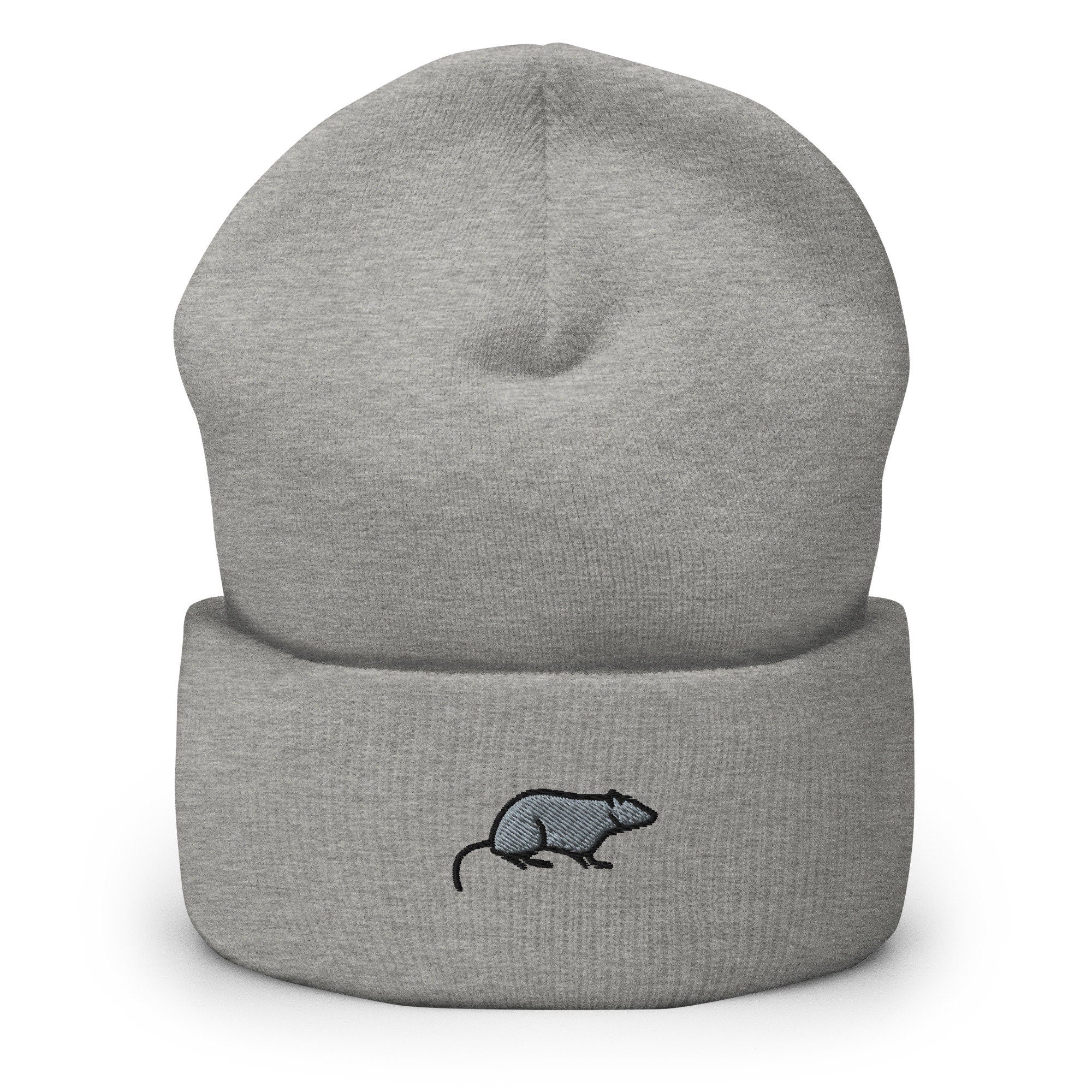 Opossum Rat Mouse Rodent Embroidered Beanie, Handmade Cuffed Knit Unisex Slouchy Adult Winter Hat Cap Gift