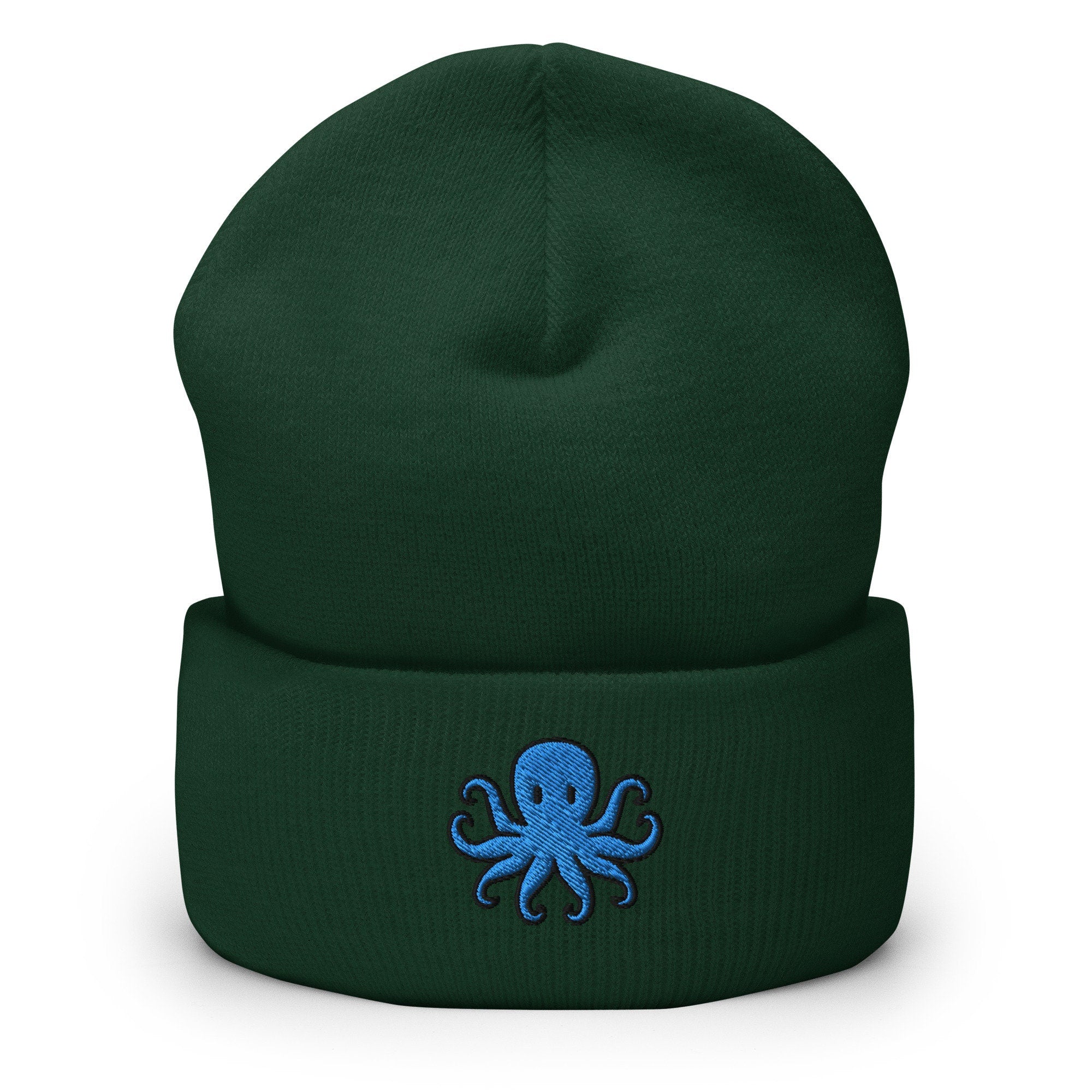 Octopus Gift, Octopus Lover Embroidered Beanie, Handmade Cuffed Knit Unisex Slouchy Adult Winter Hat Cap Gift