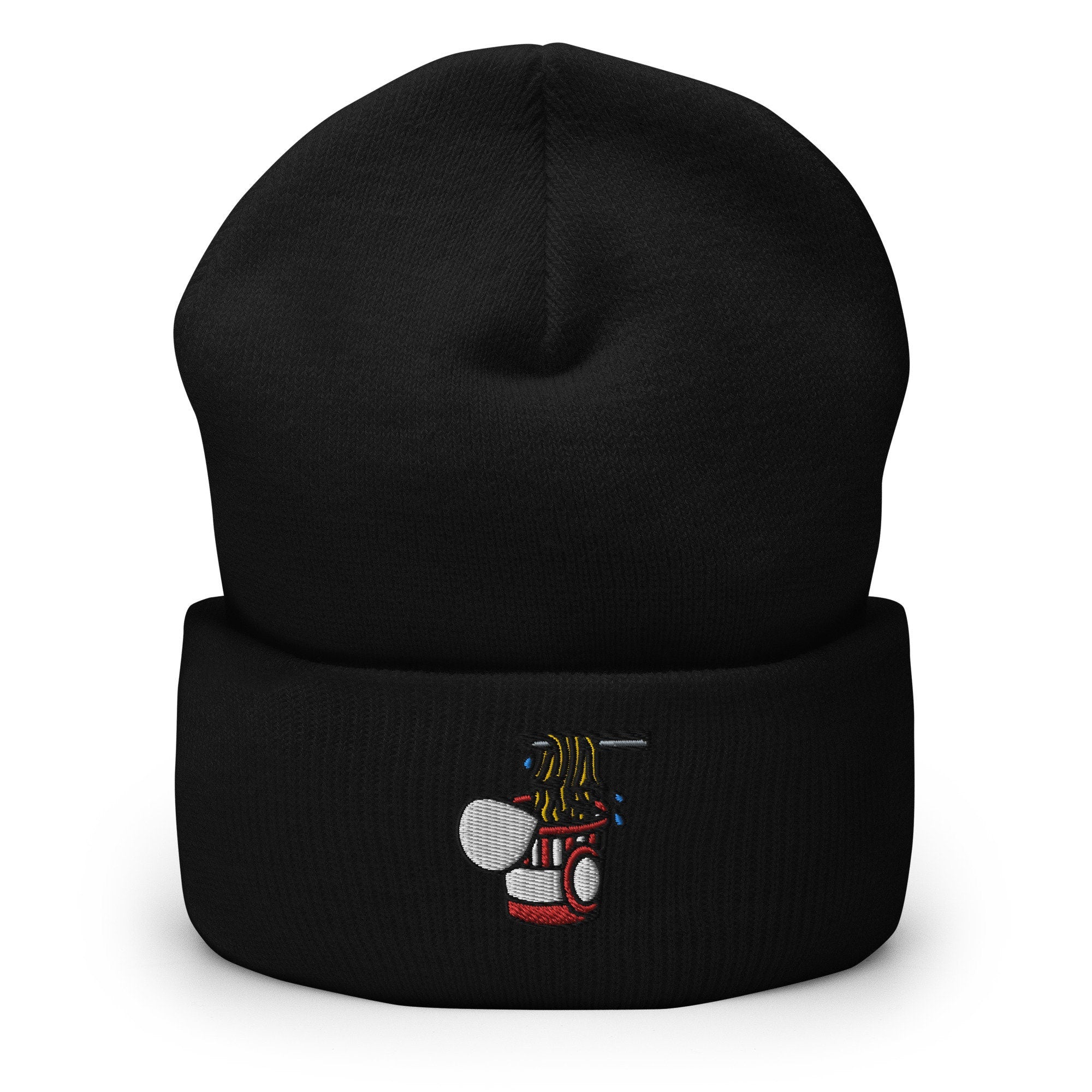 Cup of Ramen Noodles Embroidered Beanie, Handmade Cuffed Knit Unisex Slouchy Adult Winter Hat Cap Gift