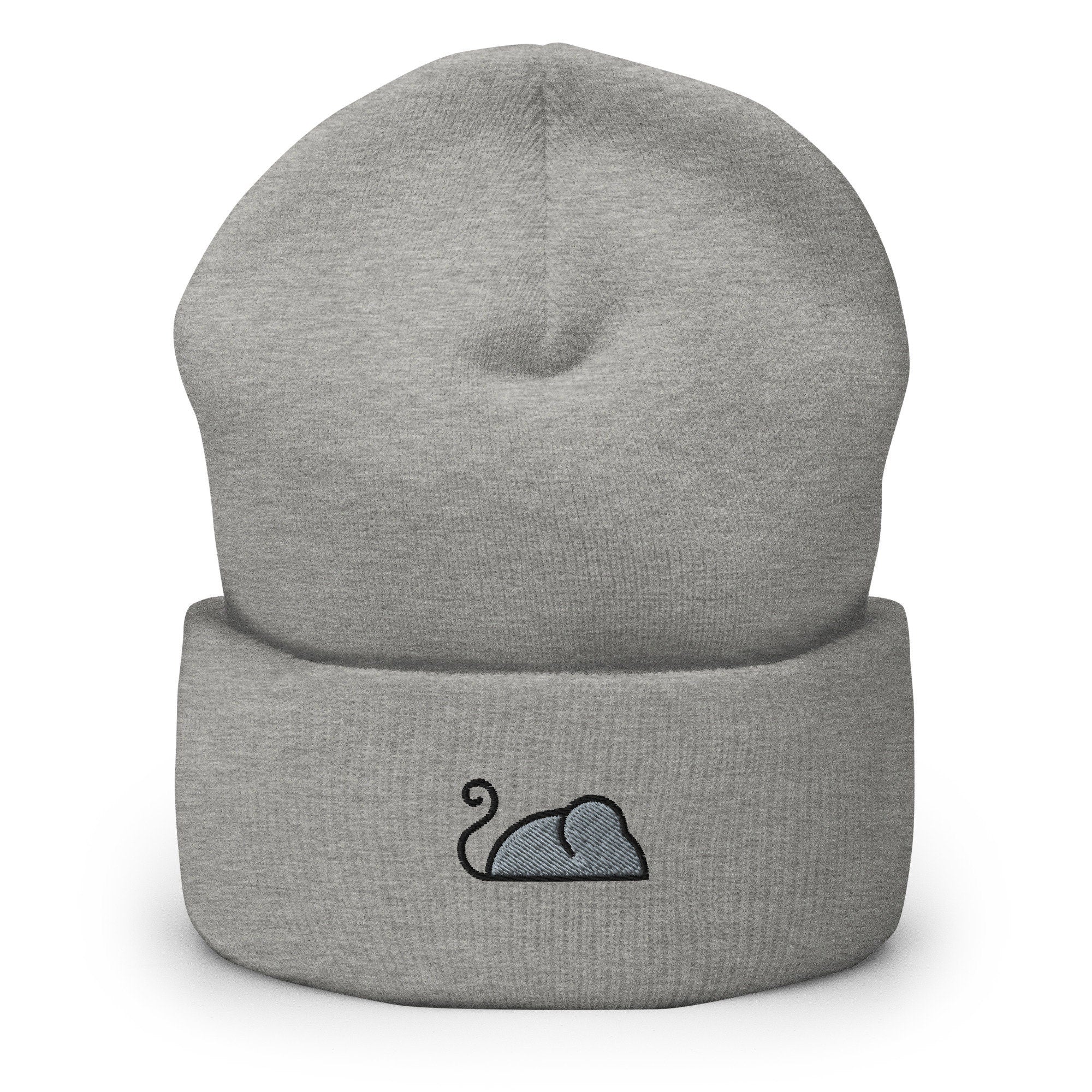 Mouse Embroidered Beanie, Handmade Cuffed Knit Unisex Slouchy Adult Winter Hat Cap Gift