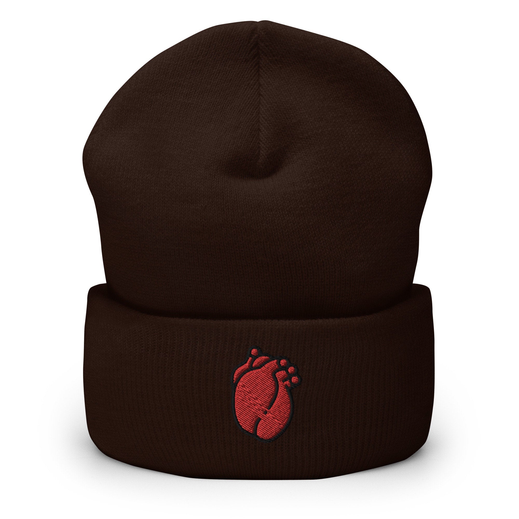 Anatomical Human Heart Embroidered Beanie, Handmade Cuffed Knit Unisex Slouchy Adult Winter Hat Cap Gift