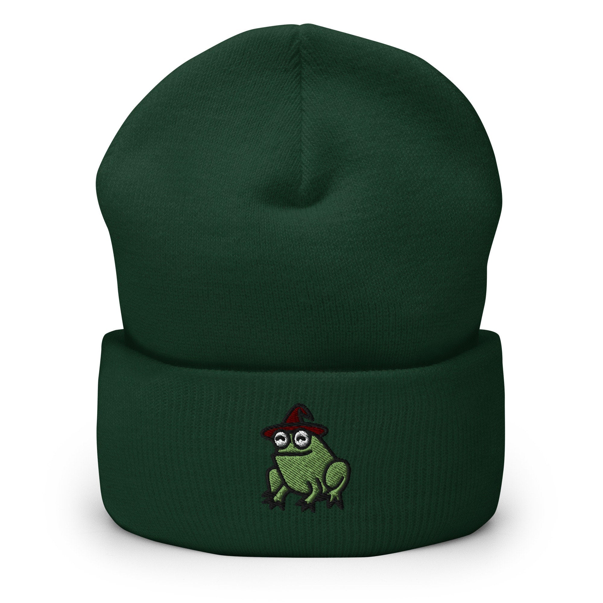 Magical Wizard Toad, Wizard Frog Embroidered Beanie, Handmade Cuffed Knit Unisex Slouchy Adult Winter Hat Cap Gift