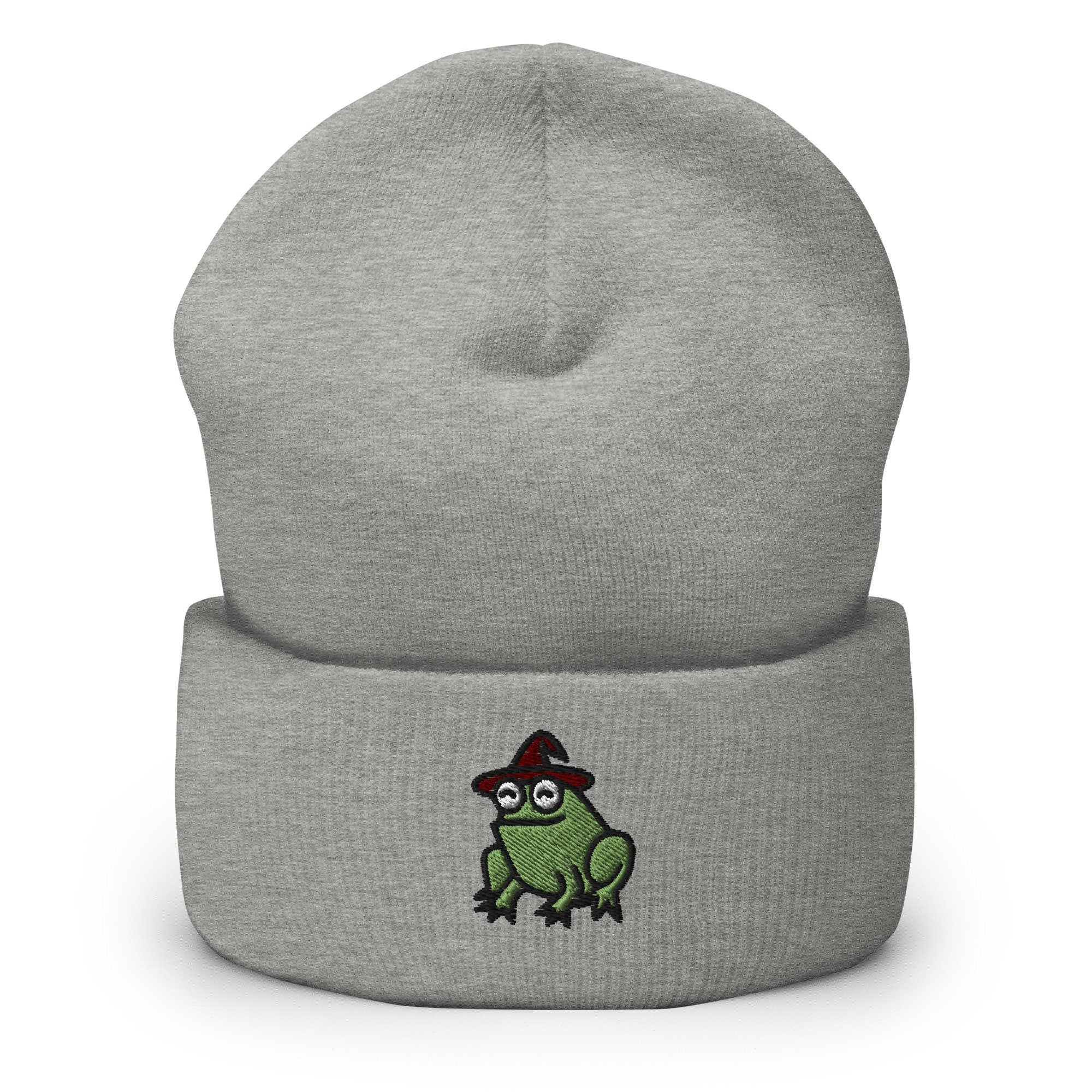 Magical Wizard Toad, Wizard Frog Embroidered Beanie, Handmade Cuffed Knit Unisex Slouchy Adult Winter Hat Cap Gift