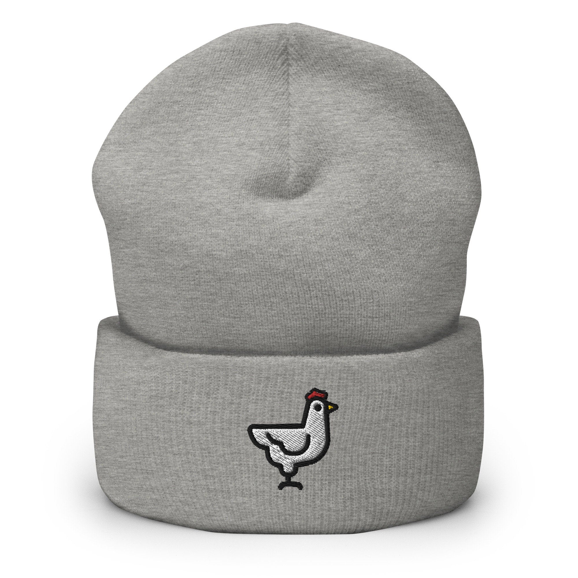 Cute Chicken Embroidered Beanie, Handmade Cuffed Knit Unisex Slouchy Adult Winter Hat Cap Gift