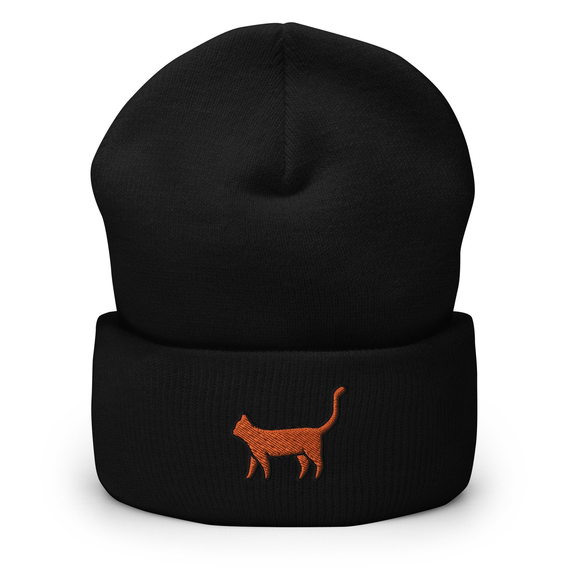 Orange Tabby Cat Lover Gift, Orange Cat Kitty Kitten Embroidered Beanie, Handmade Cuffed Knit Unisex Slouchy Adult Winter Hat Cap Gift