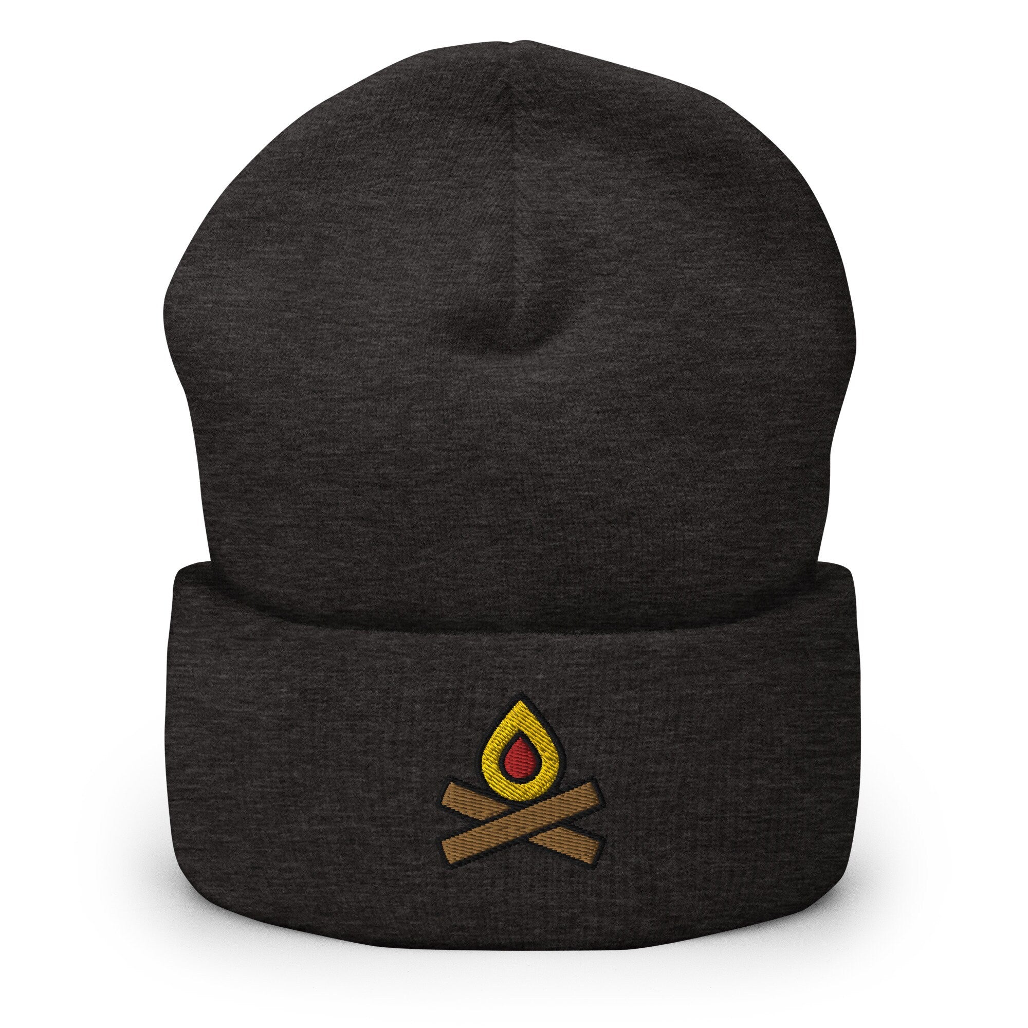 Camper Lit Campfire Embroidered Beanie, Handmade Cuffed Knit Unisex Slouchy Adult Winter Hat Cap Gift