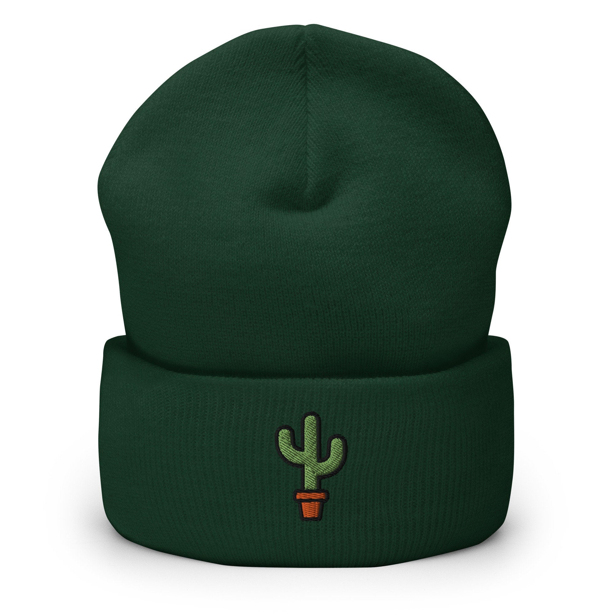 Potted Succulent Cactus Embroidered Beanie, Handmade Cuffed Knit Unisex Slouchy Adult Winter Hat Cap Gift