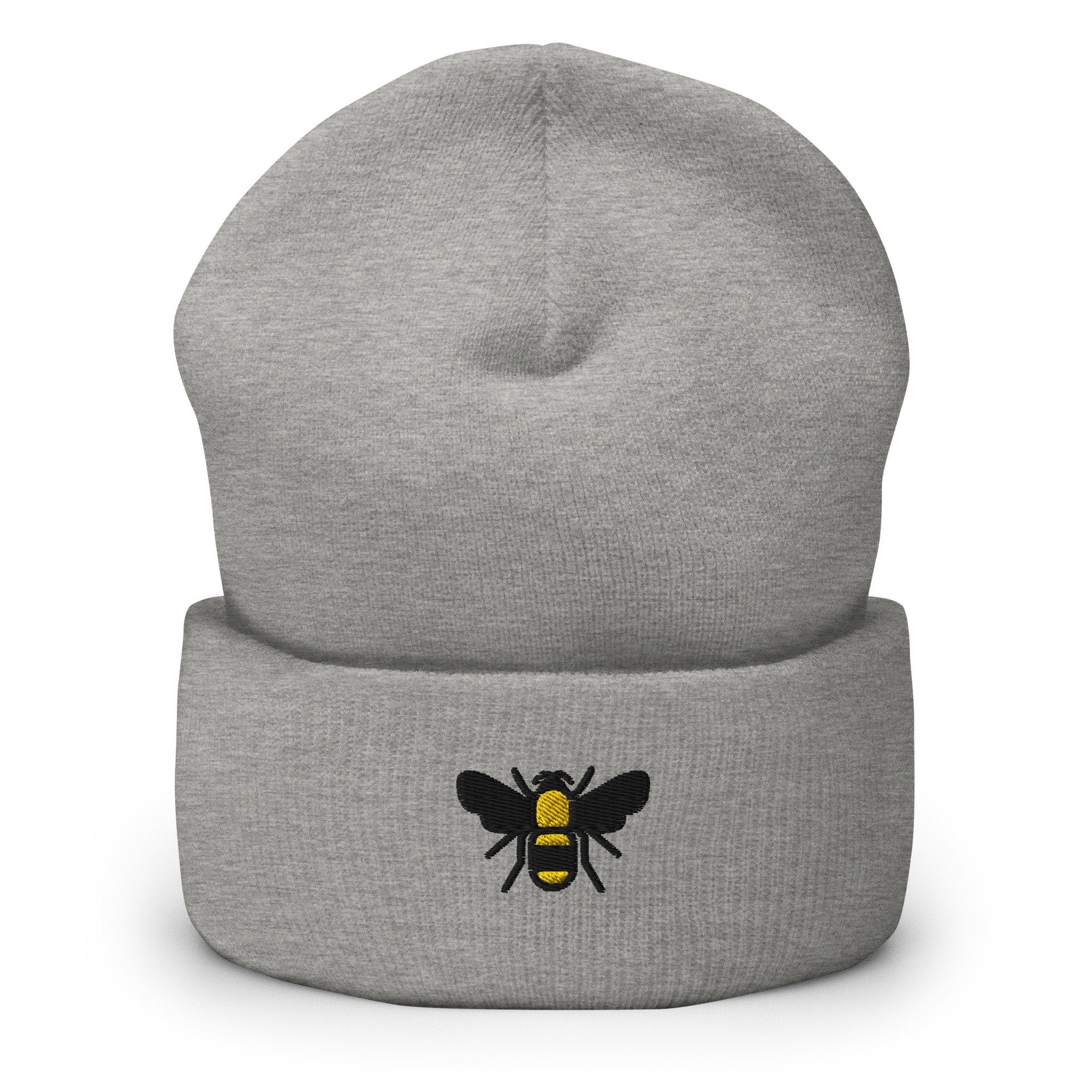 Bumblebee Embroidered Beanie, Handmade Cuffed Knit Unisex Slouchy Adult Winter Hat Cap Gift