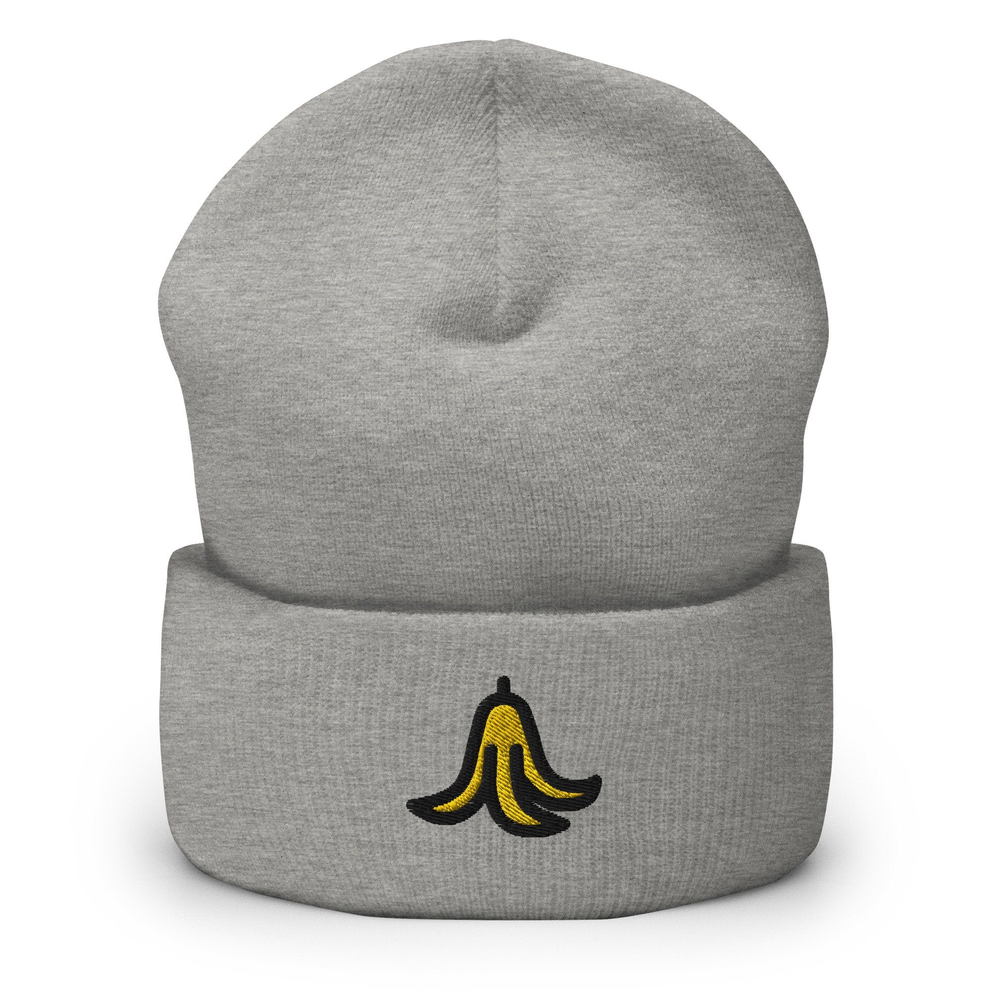 Banana Peel Embroidered Beanie, Handmade Cuffed Knit Unisex Slouchy Adult Winter Hat Cap Gift