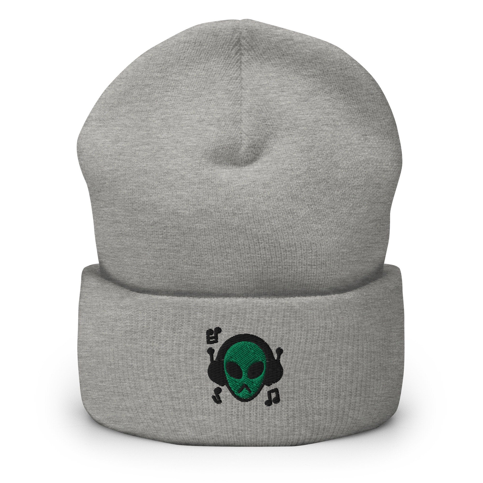 Alien Music Embroidered Beanie, Handmade Cuffed Knit Unisex Slouchy Adult Winter Hat Cap Gift