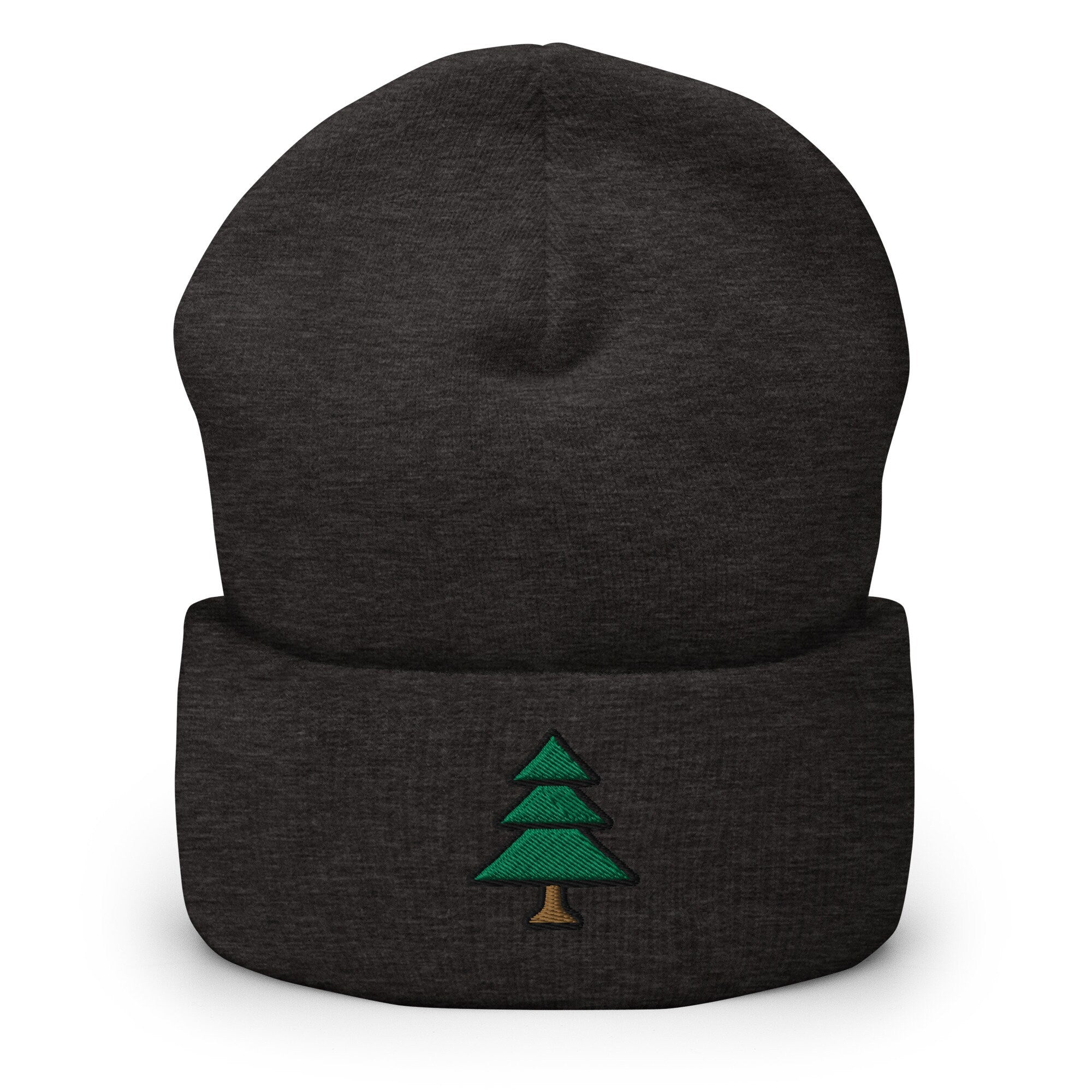 Pine Tree Embroidered Beanie, Handmade Cuffed Knit Unisex Camping Slouchy Adult Winter Hat Cap Gift