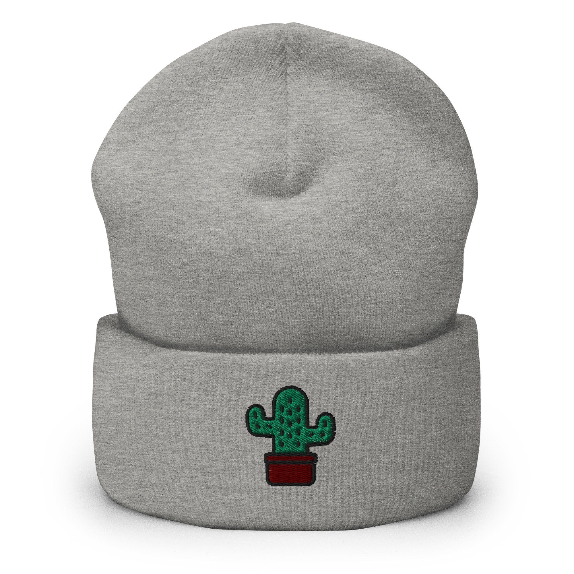 Mini Cactus Succulent Embroidered Beanie, Handmade Cuffed Knit Unisex Slouchy Adult Winter Hat Cap Gift