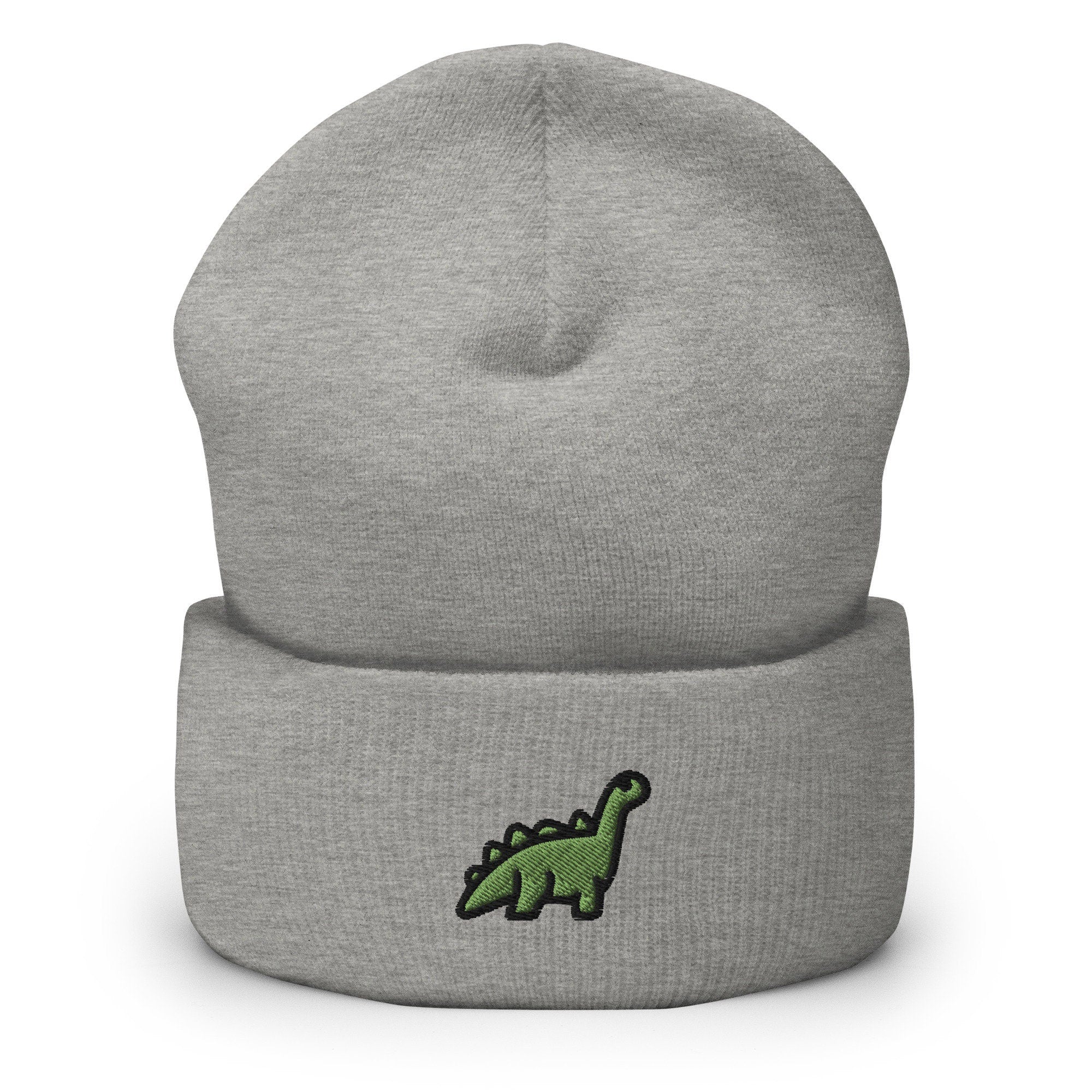 Dinosaur Embroidered Beanie, Handmade Cuffed Knit Unisex Slouchy Adult Winter Hat Cap Gift