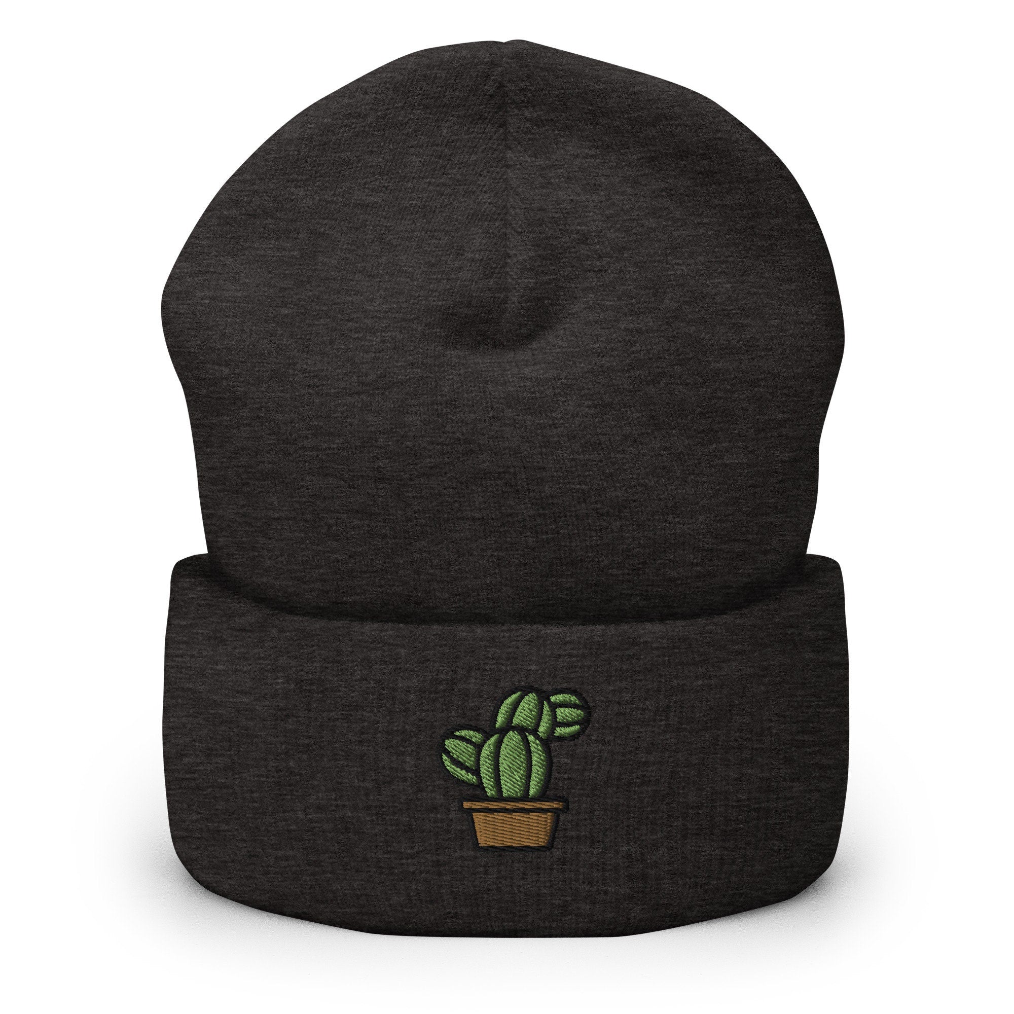 Succulent Bunny Ear Cactus Embroidered Beanie, Handmade Cuffed Knit Unisex Slouchy Adult Winter Hat Cap Gift