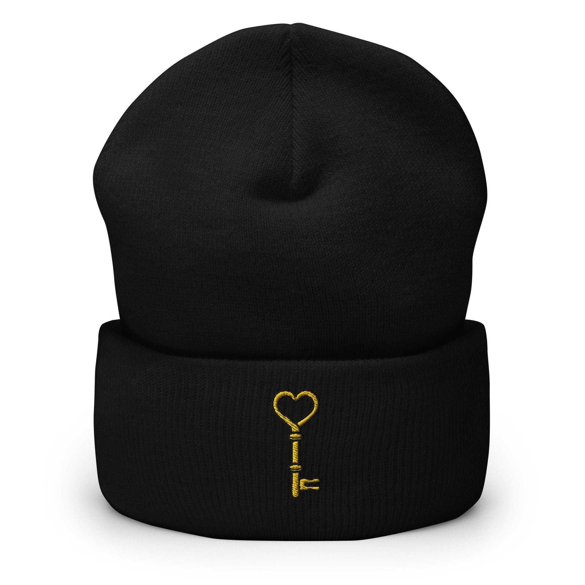 Vintage Heart Brass Key Embroidered Beanie, Handmade Cuffed Knit Unisex Slouchy Adult Winter Hat Cap Gift