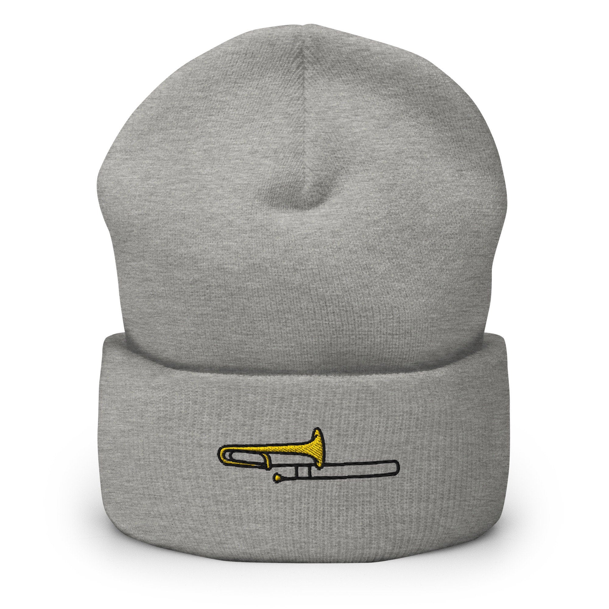 Trombone Player Instrument Embroidered Beanie, Handmade Cuffed Knit Unisex Slouchy Adult Winter Hat Cap Gift