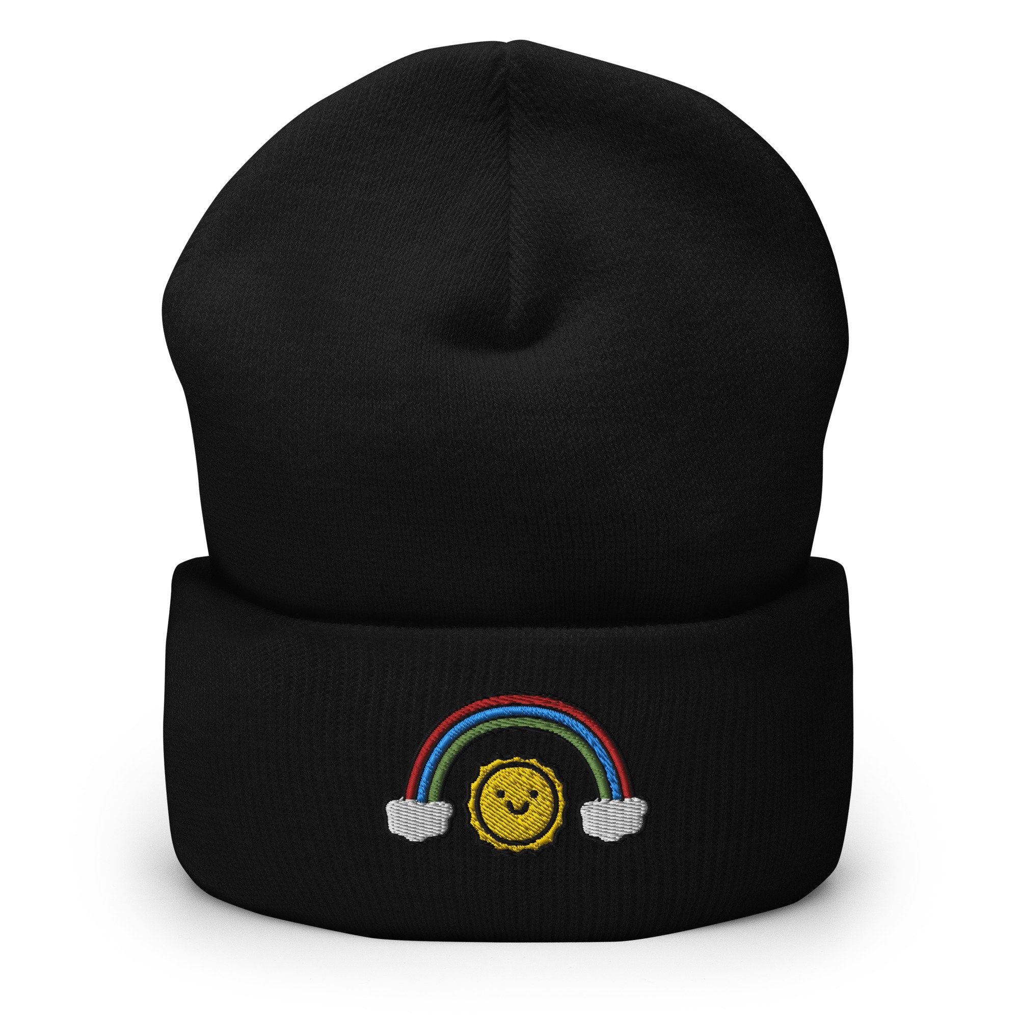 Sunshine & Rainbows Embroidered Beanie, Handmade Cuffed Knit Unisex Slouchy Adult Winter Hat Cap Gift
