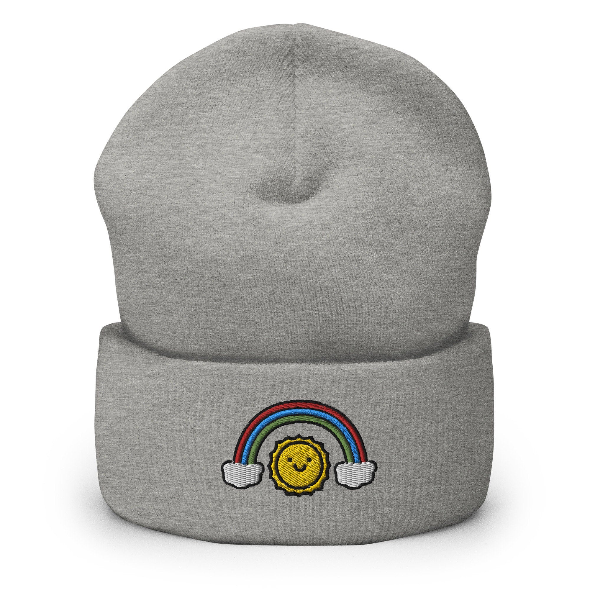 Sunshine & Rainbows Embroidered Beanie, Handmade Cuffed Knit Unisex Slouchy Adult Winter Hat Cap Gift