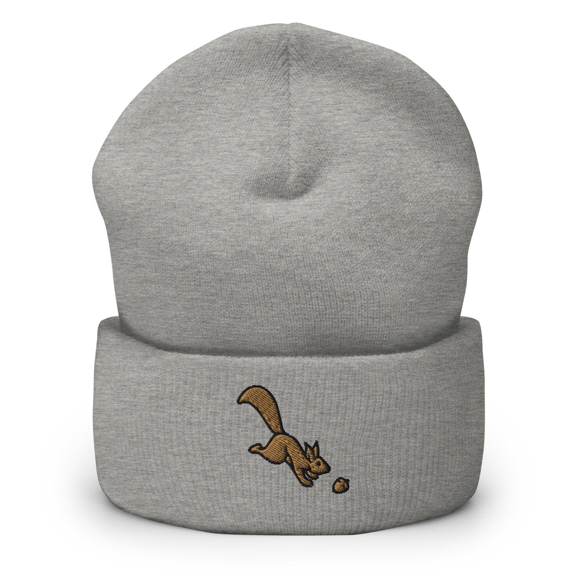 Squirrel Acorn Embroidered Beanie, Handmade Cuffed Knit Unisex Slouchy Adult Winter Hat Cap Gift