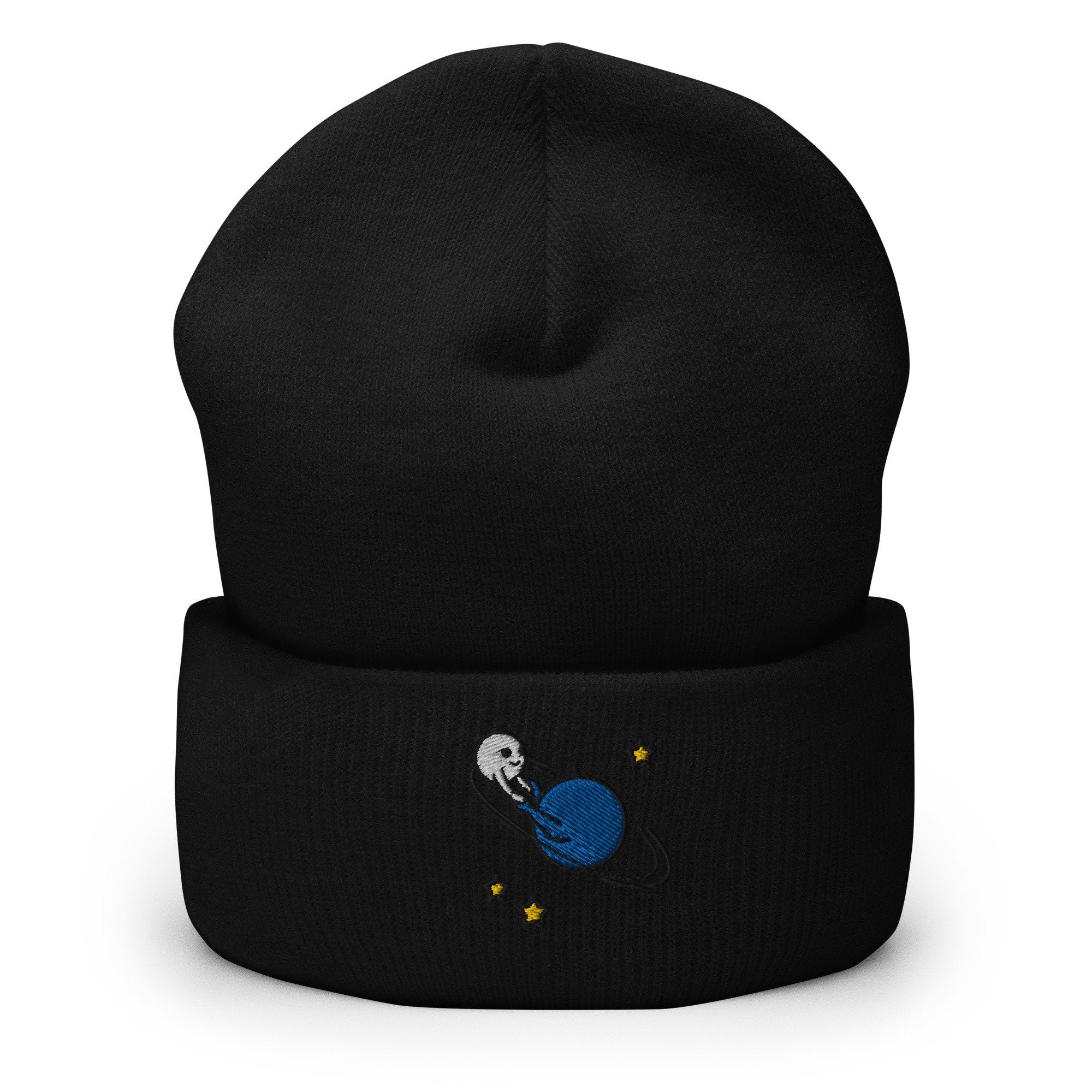 Dancing Planets Embroidered Beanie, Handmade Cuffed Knit Unisex Slouchy Adult Winter Hat Cap Gift