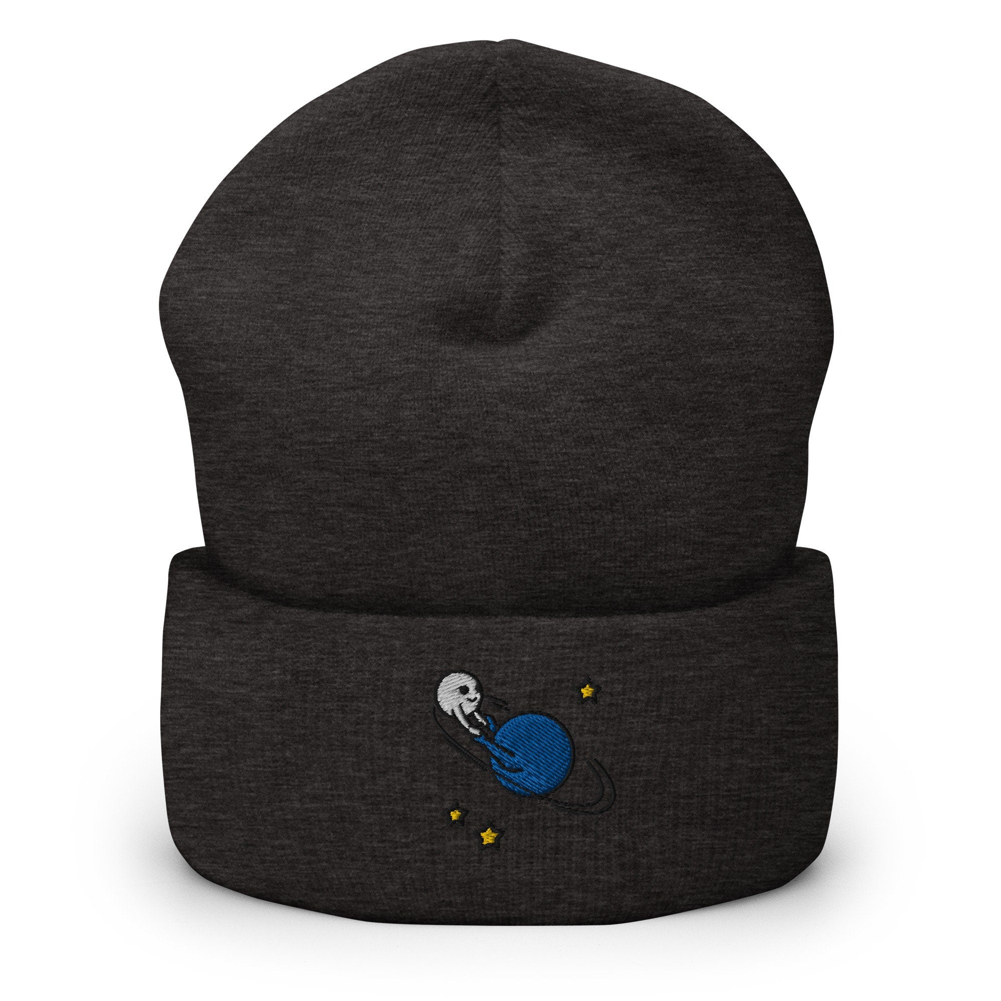 Dancing Planets Embroidered Beanie, Handmade Cuffed Knit Unisex Slouchy Adult Winter Hat Cap Gift