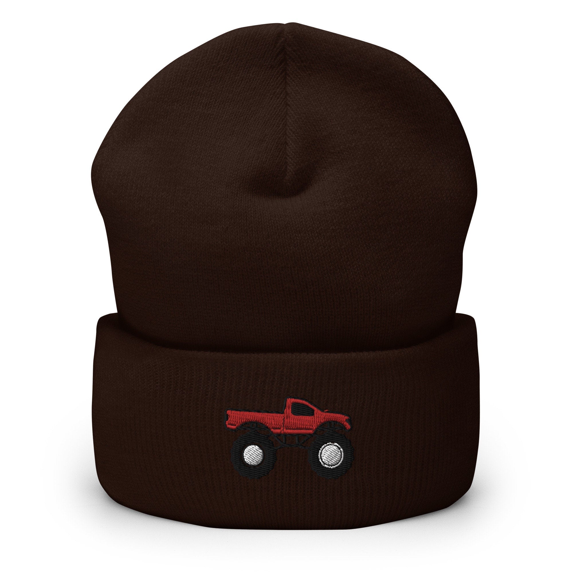 Monster Truck Embroidered Beanie, Handmade Cuffed Knit Unisex Slouchy Adult Winter Hat Cap Gift