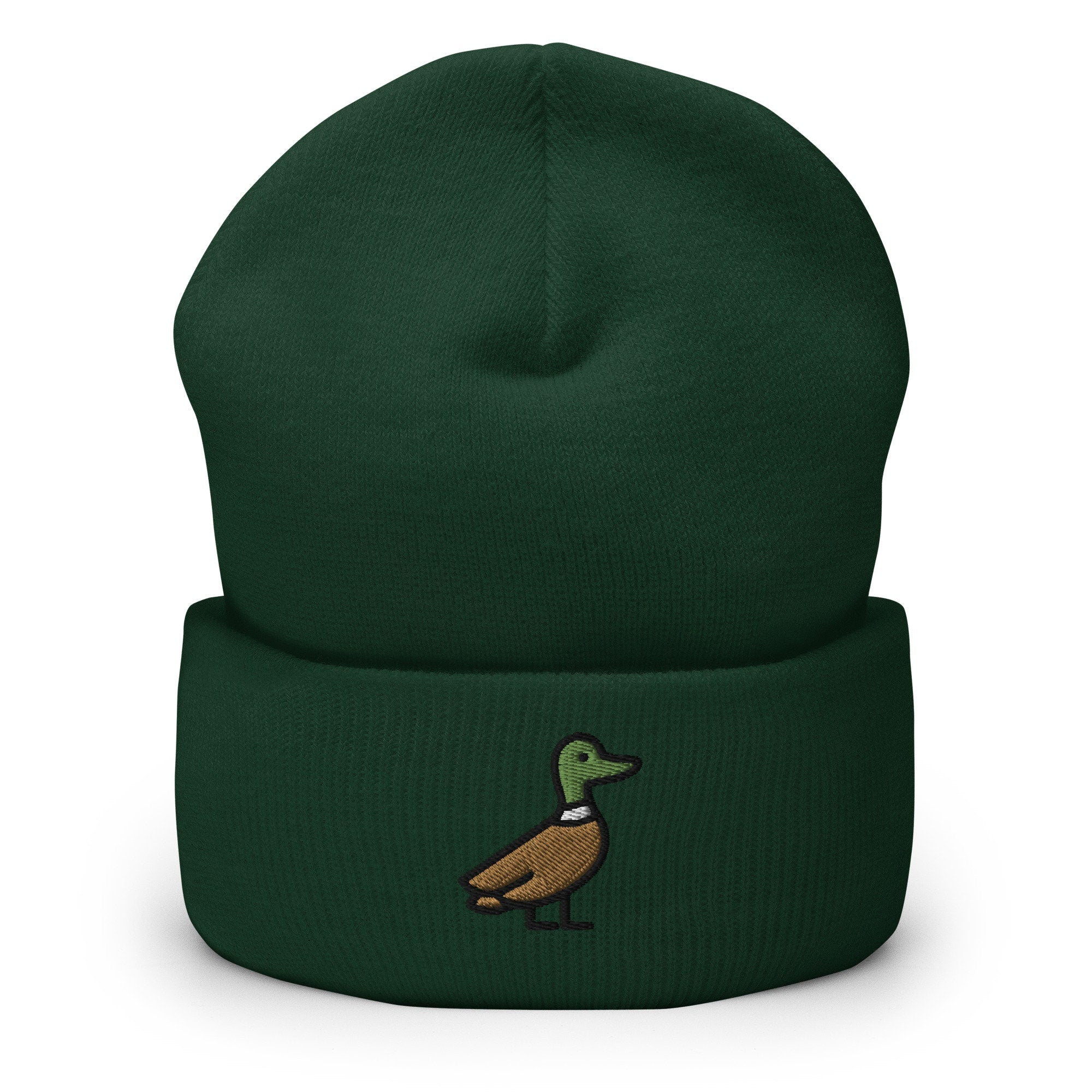Mallard Duck Embroidered Beanie, Handmade Cuffed Knit Unisex Slouchy Adult Winter Hat Cap Gift