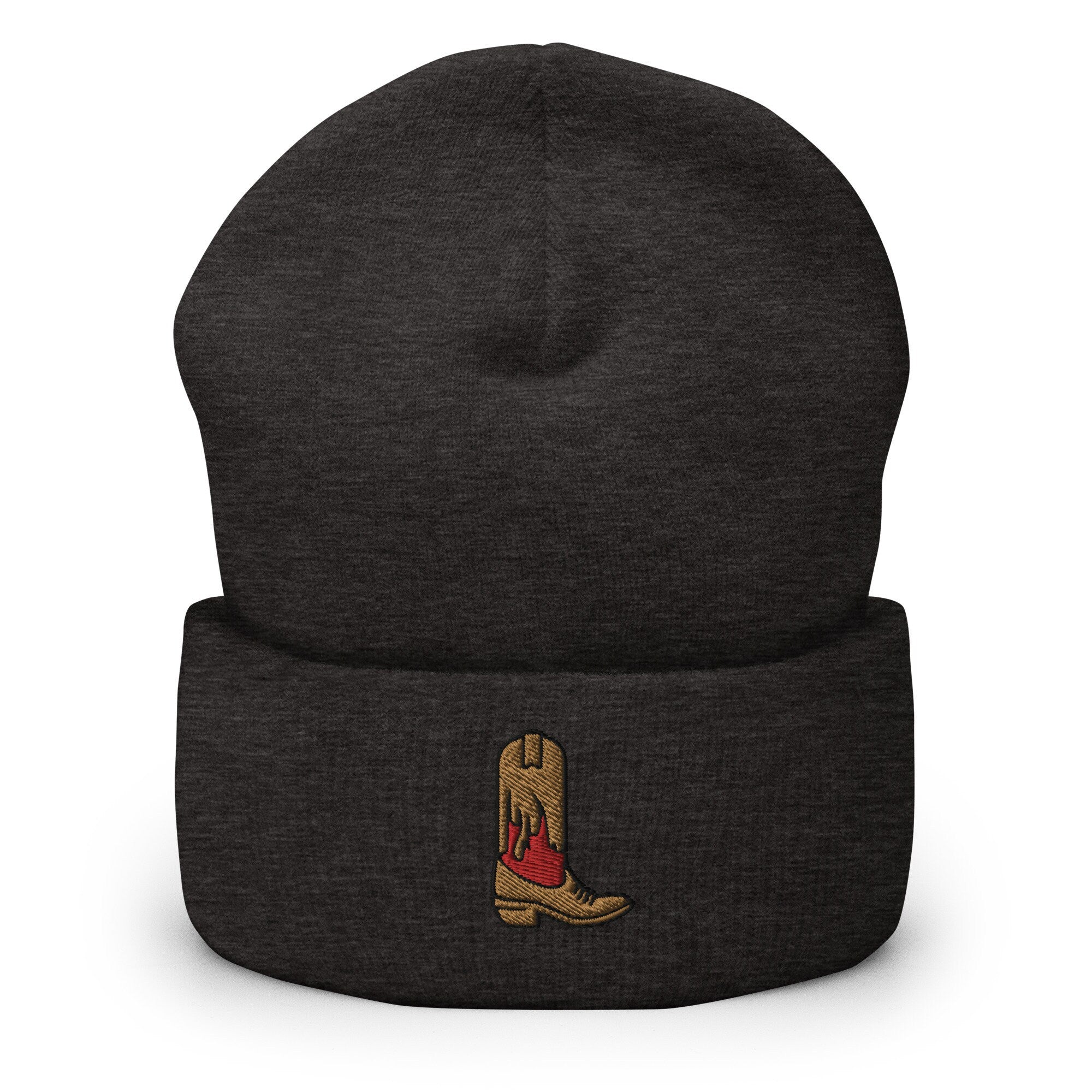 Cowboy Boot Flame Embroidered Beanie, Handmade Cuffed Knit Unisex Slouchy Adult Winter Hat Cap Gift