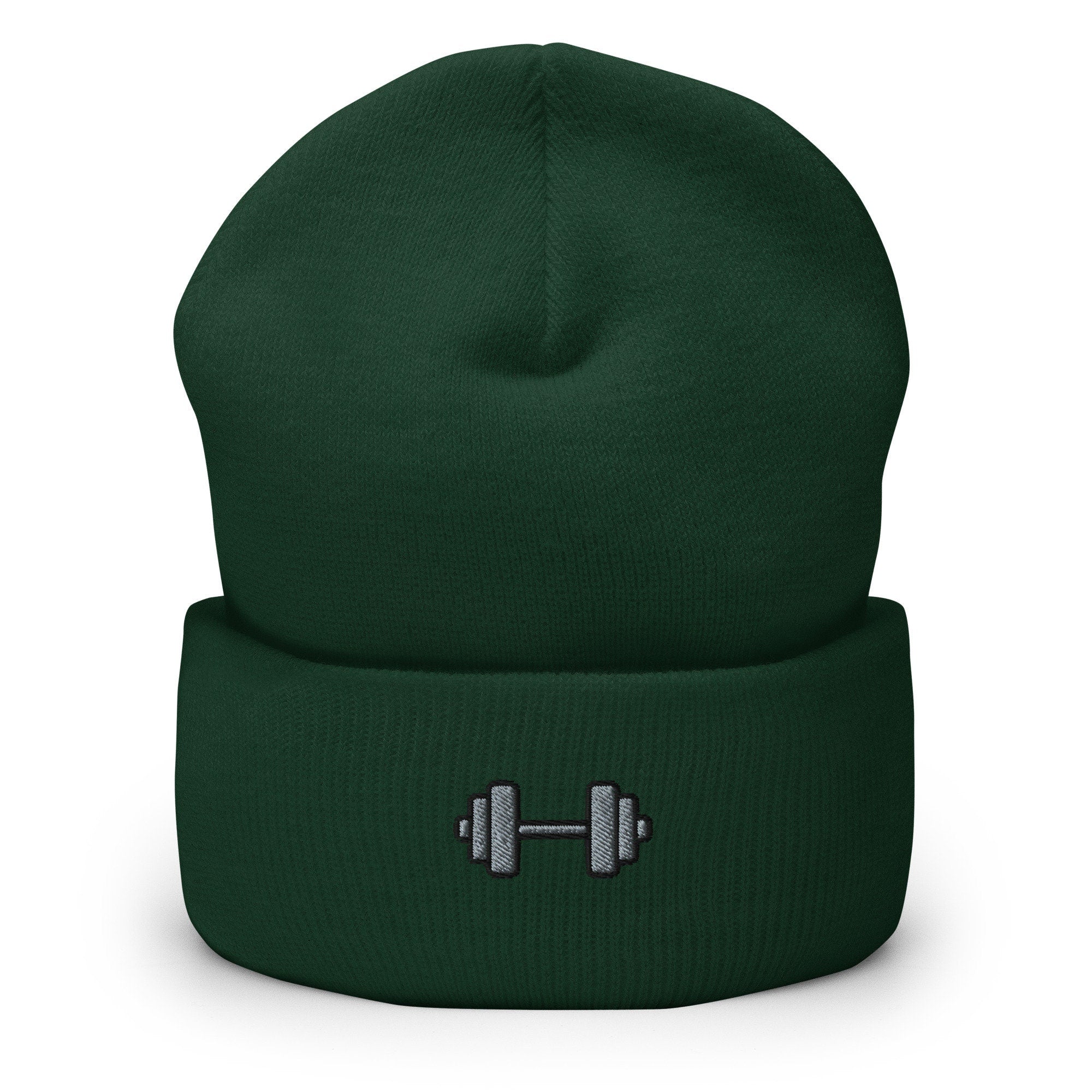 Dumbbell Weightlifting Body Building Embroidered Beanie, Handmade Cuffed Knit Unisex Slouchy Adult Winter Hat Cap Gift