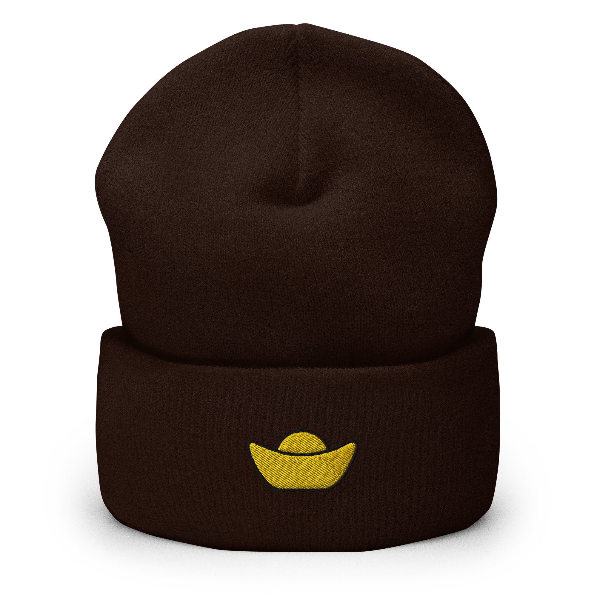 Sycee Yuanbao Chinese Gold Ingot Embroidered Beanie, Handmade Cuffed Knit Unisex Slouchy Adult Winter Hat Cap Gift