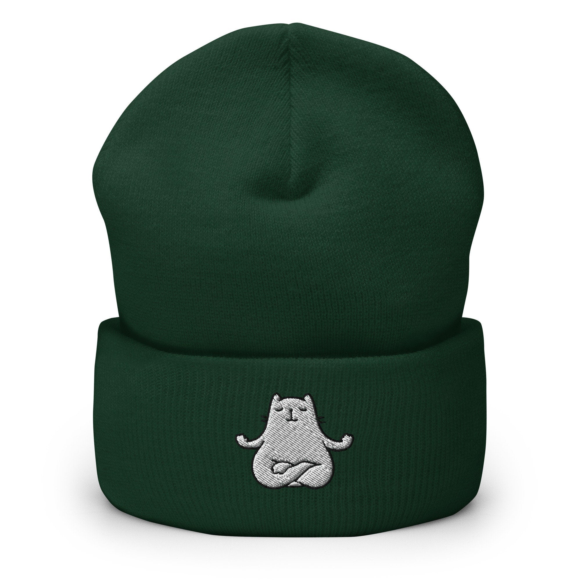 Cat Meditation Embroidered Beanie, Handmade Cuffed Knit Unisex Slouchy Adult Winter Hat Cap Gift