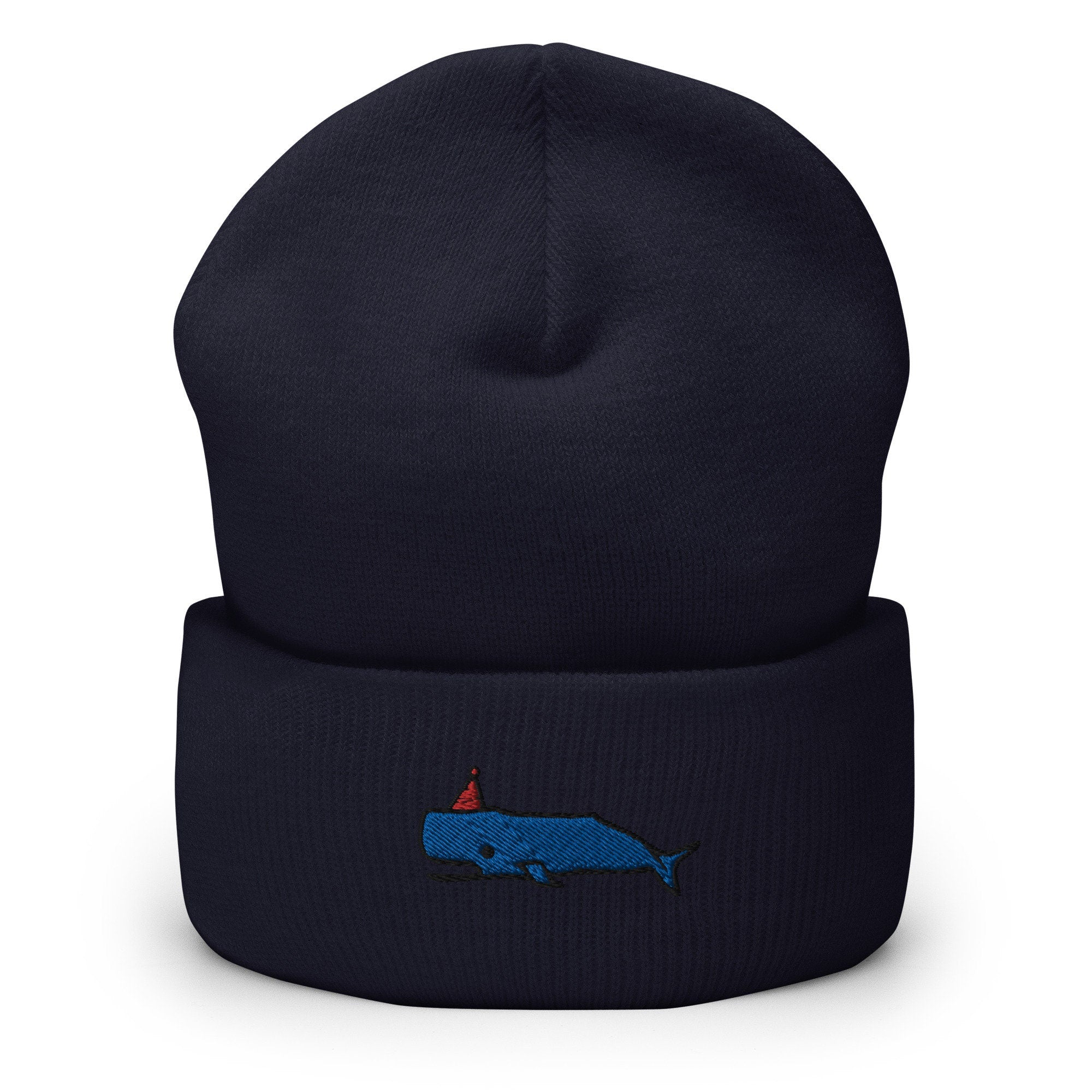 Whale Party Embroidered Beanie, Handmade Cuffed Knit Unisex Slouchy Adult Winter Hat Cap Gift