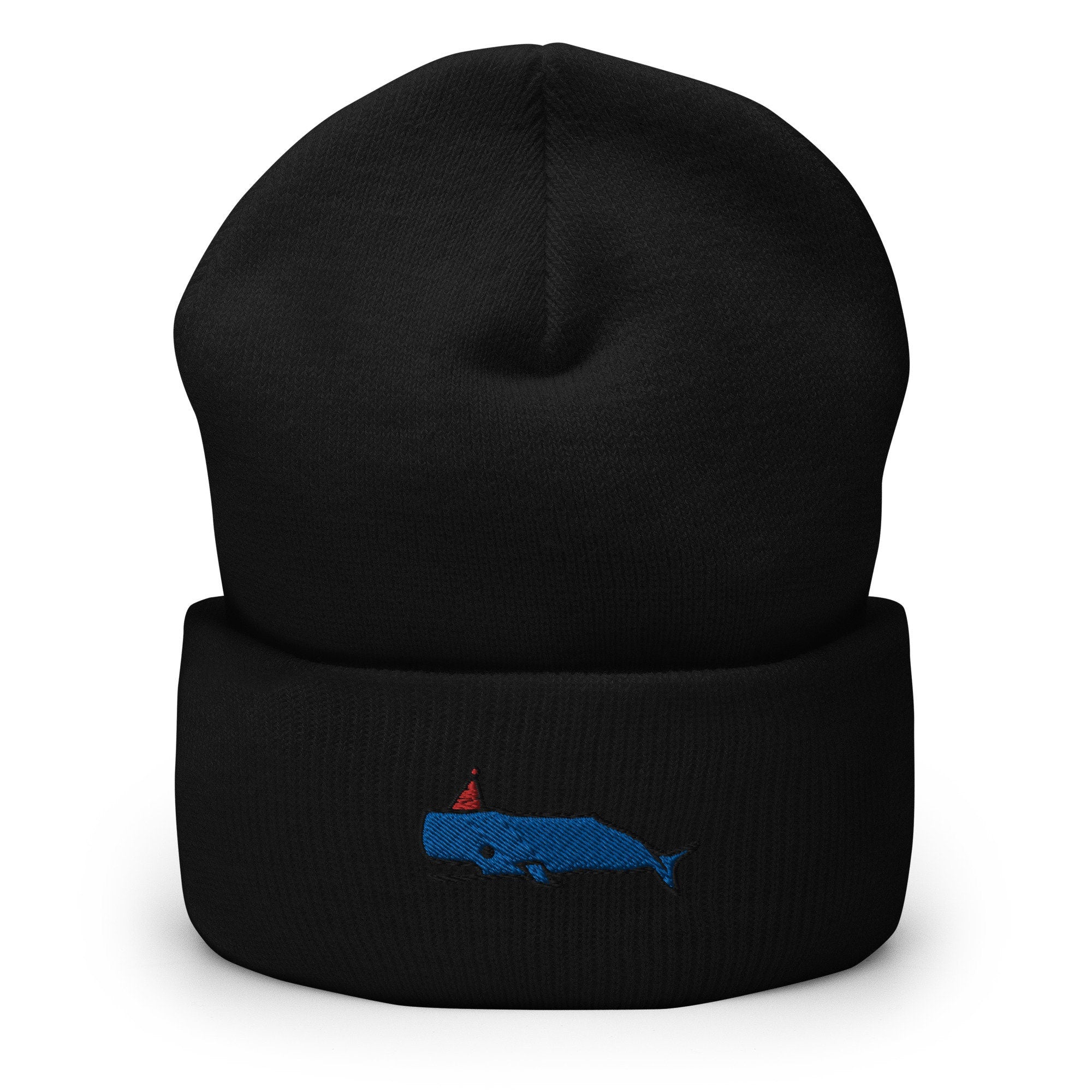 Whale Party Embroidered Beanie, Handmade Cuffed Knit Unisex Slouchy Adult Winter Hat Cap Gift