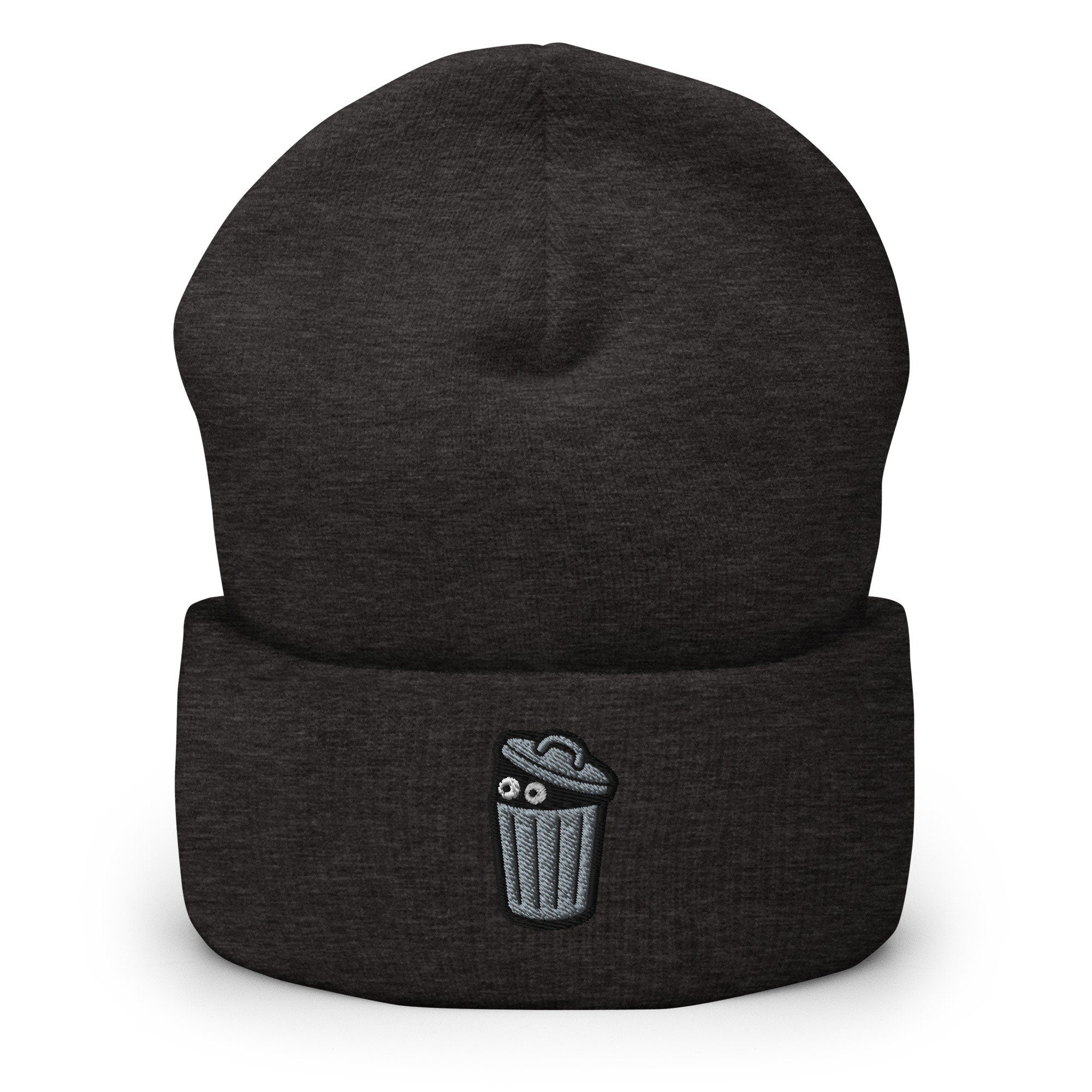 Trash Can Monster Embroidered Beanie, Handmade Cuffed Knit Unisex Slouchy Adult Winter Hat Cap Gift