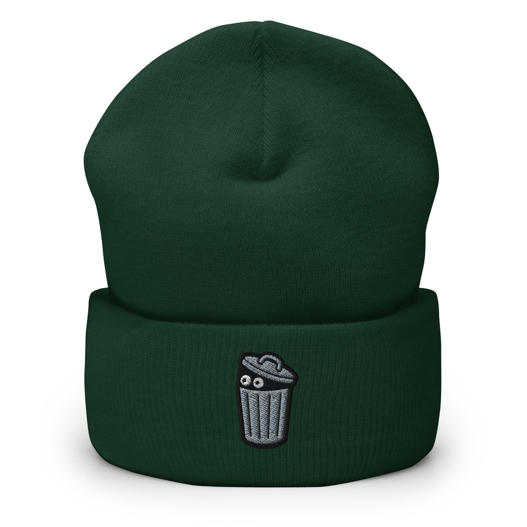 Trash Can Monster Embroidered Beanie, Handmade Cuffed Knit Unisex Slouchy Adult Winter Hat Cap Gift