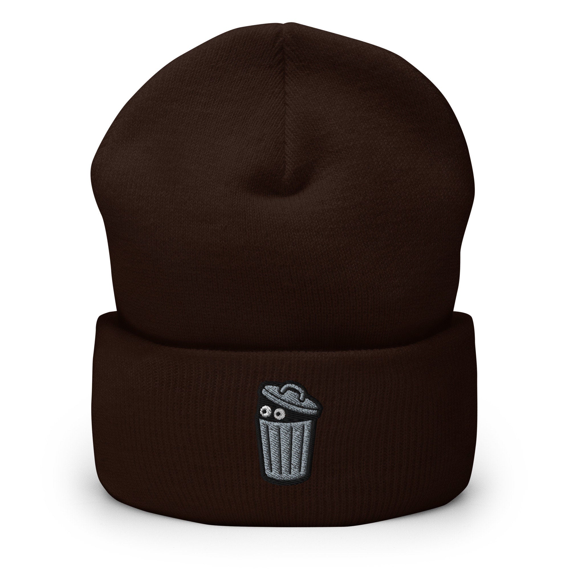 Trash Can Monster Embroidered Beanie, Handmade Cuffed Knit Unisex Slouchy Adult Winter Hat Cap Gift