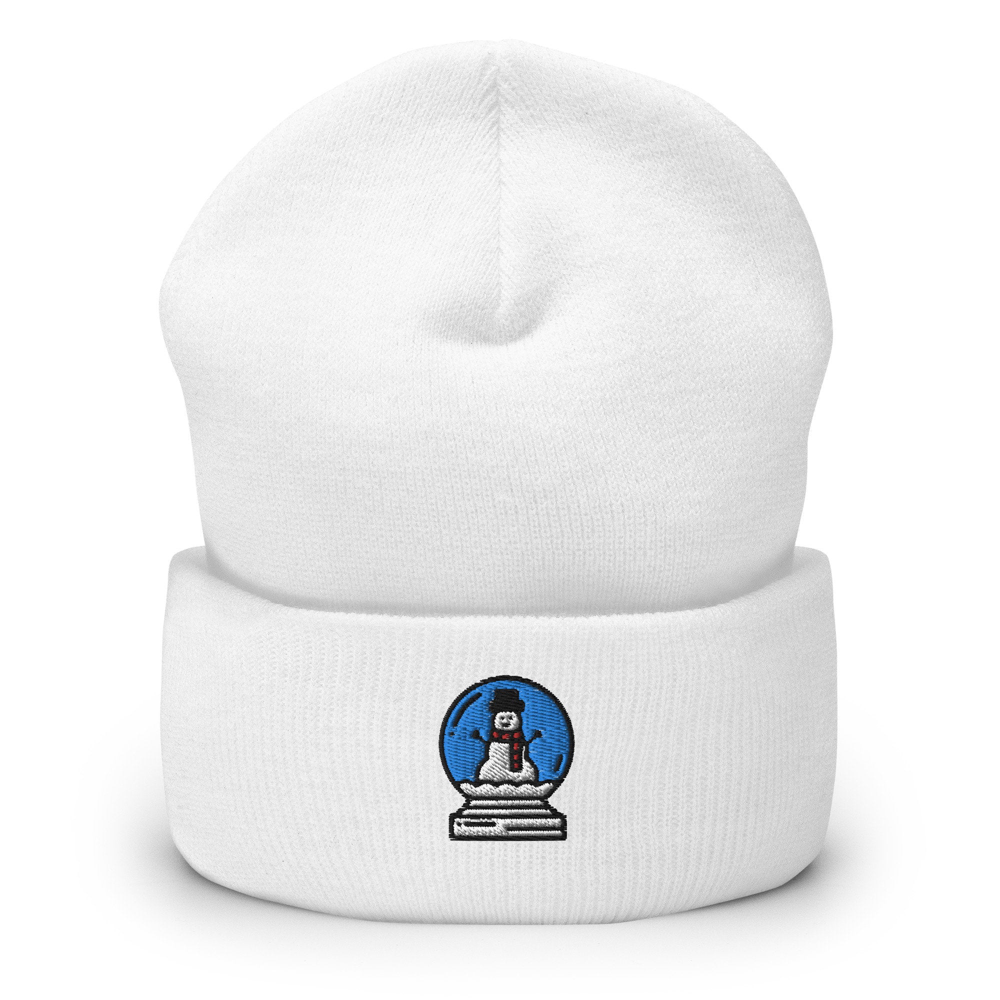 Snow Globe Snowman Embroidered Beanie, Handmade Cuffed Knit Unisex Slouchy Adult Winter Hat Cap Gift