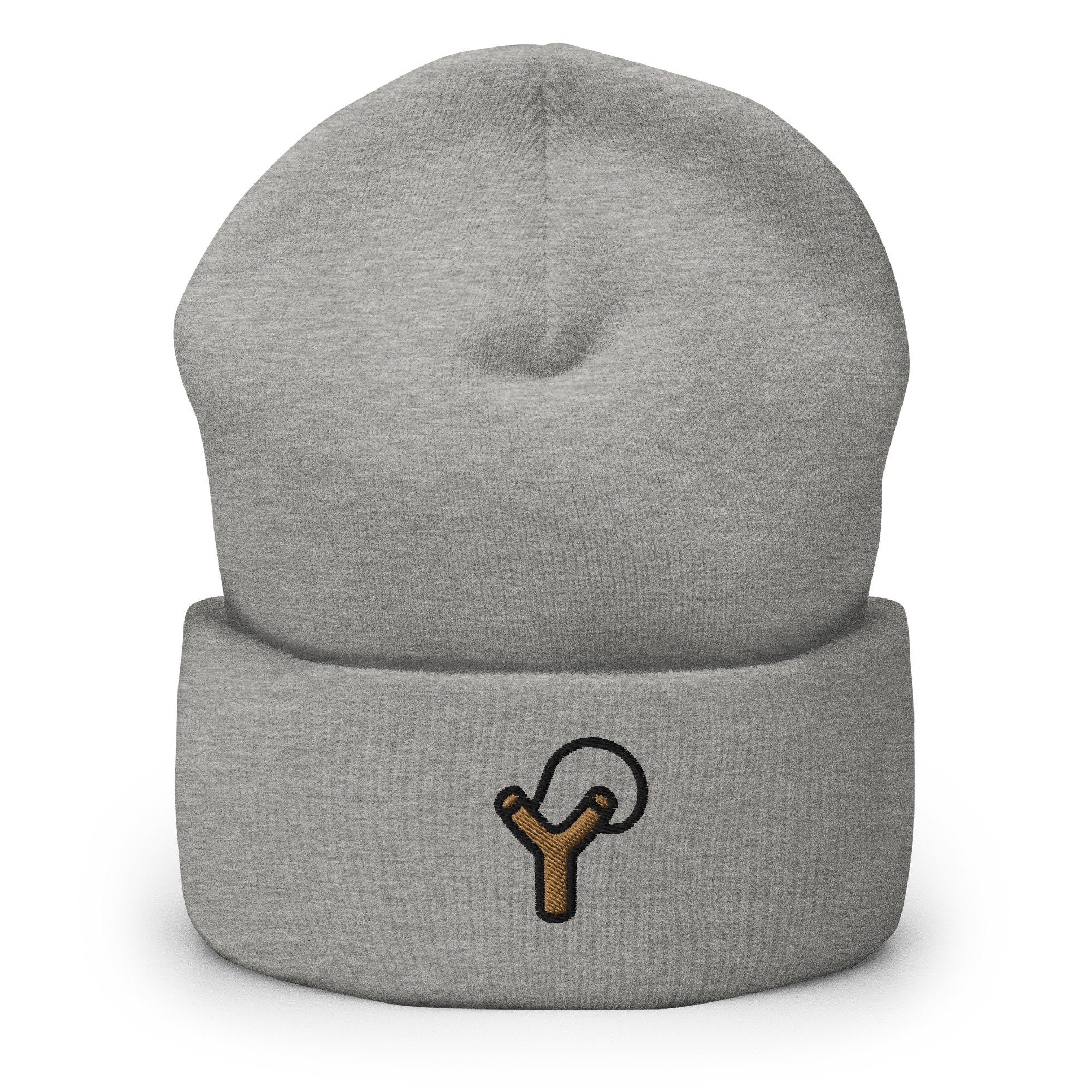 Slingshot Embroidered Beanie, Handmade Cuffed Knit Unisex Slouchy Adult Winter Hat Cap Gift