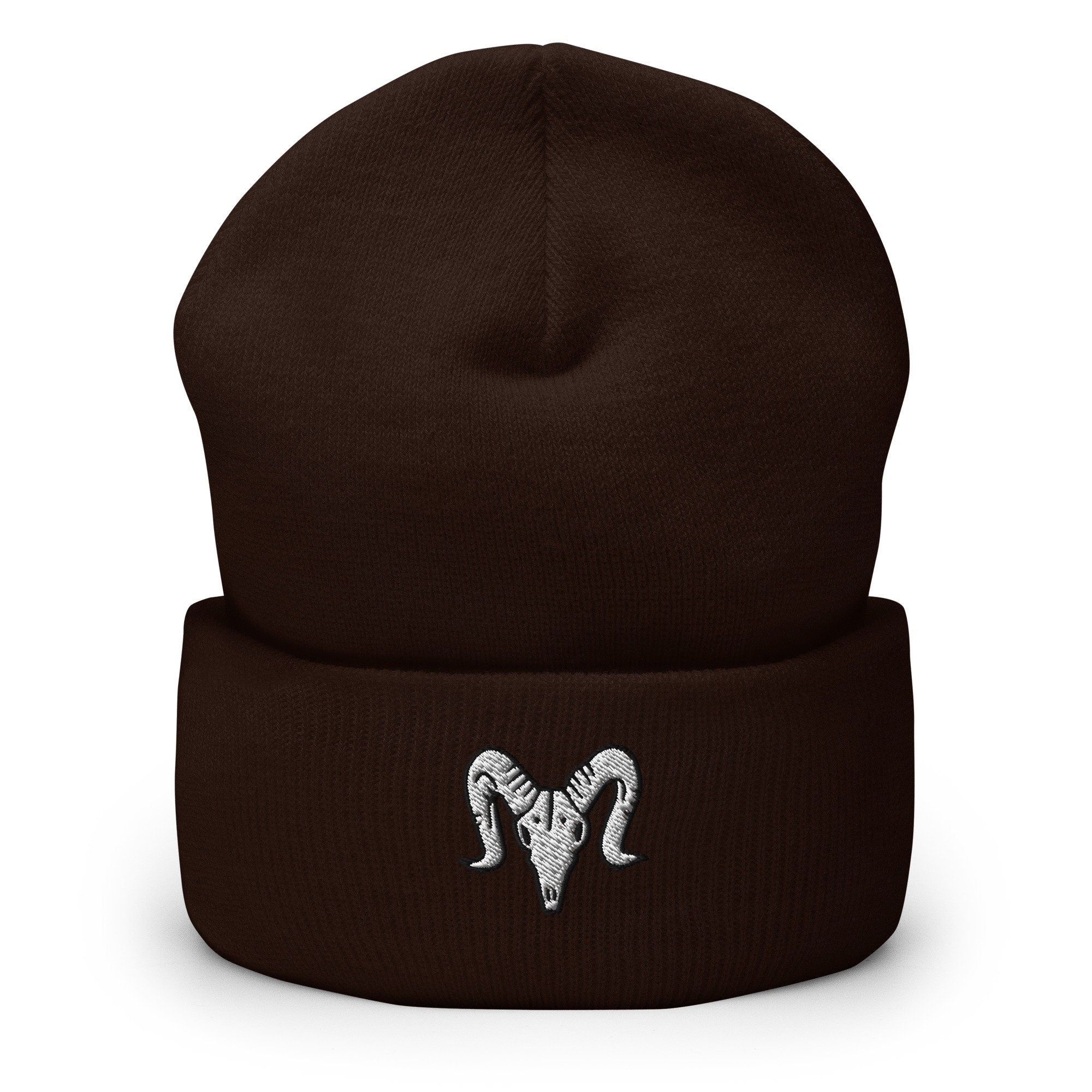 Sheep Goat Skull Embroidered Beanie, Handmade Cuffed Knit Unisex Slouchy Adult Winter Hat Cap Gift