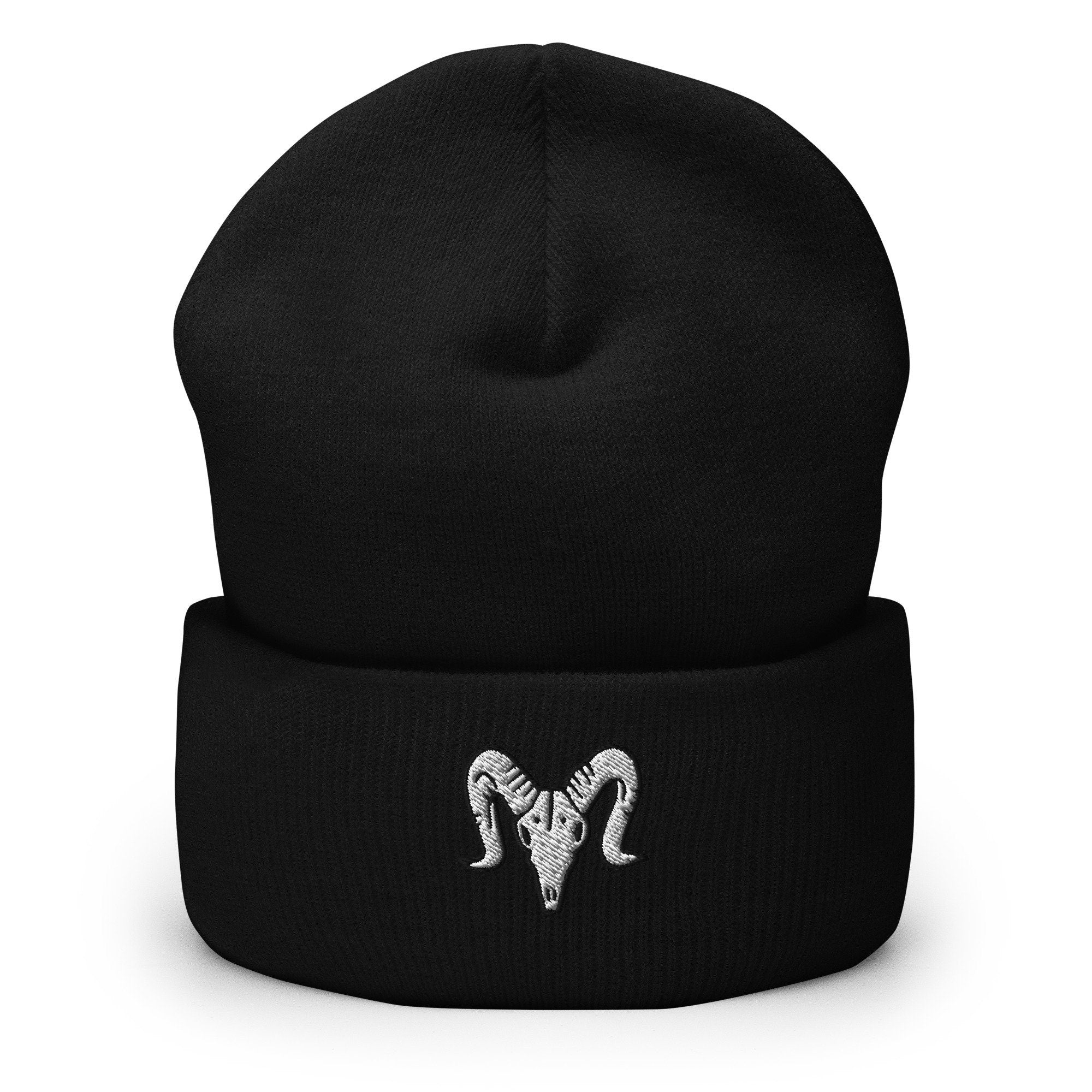 Sheep Goat Skull Embroidered Beanie, Handmade Cuffed Knit Unisex Slouchy Adult Winter Hat Cap Gift