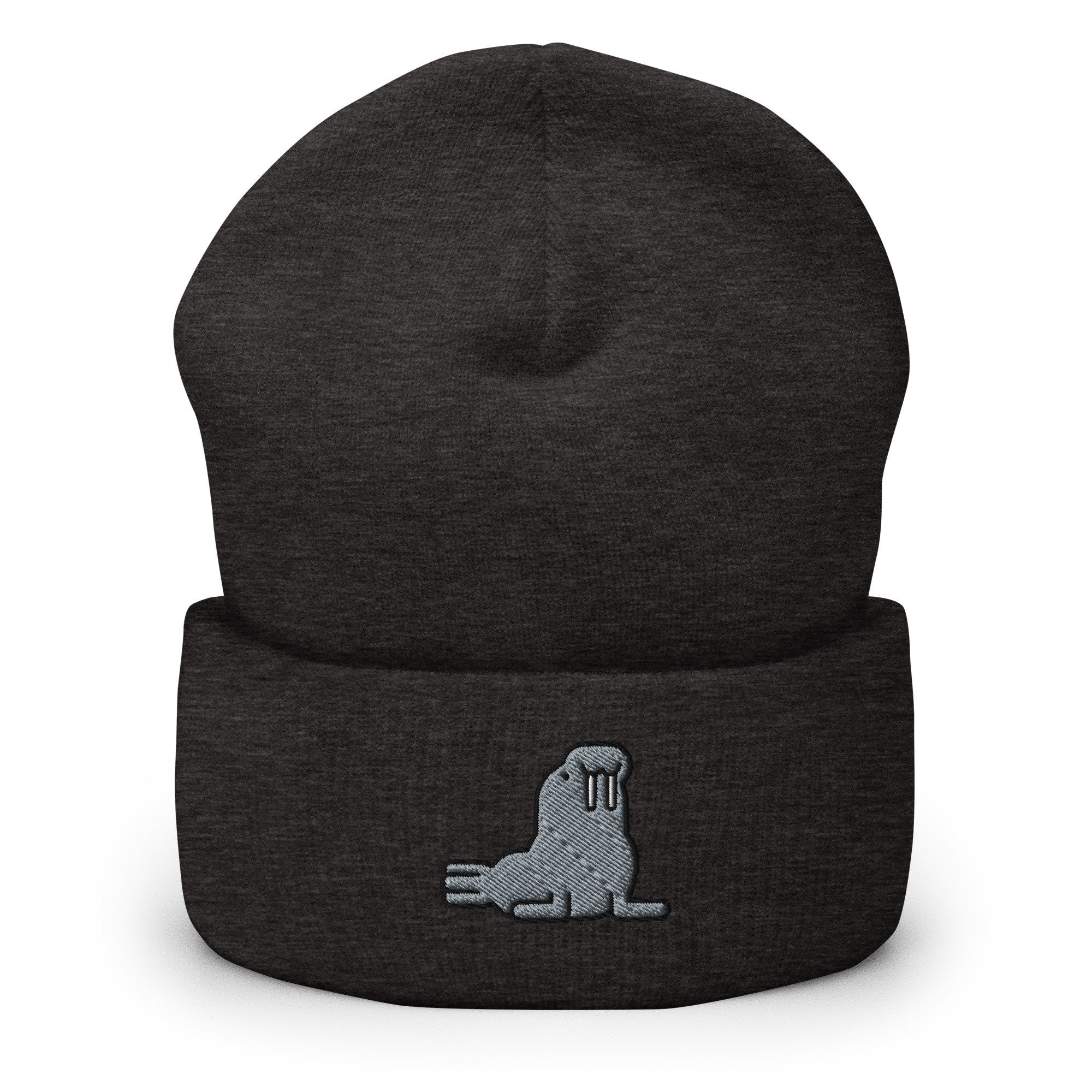 Walrus Embroidered Beanie, Handmade Cuffed Knit Unisex Slouchy Adult Winter Hat Cap Gift