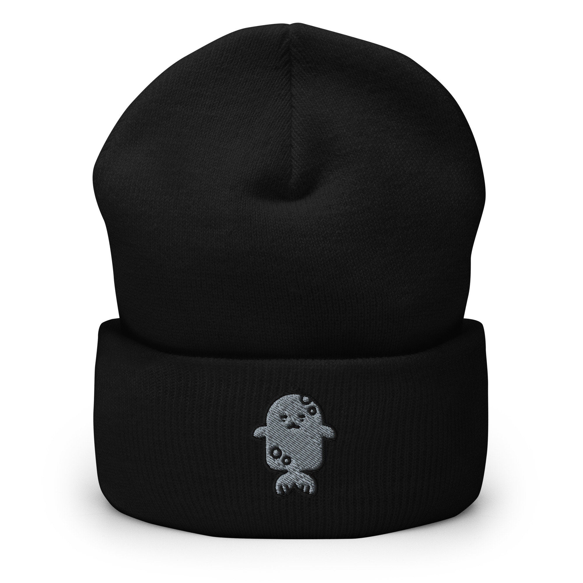 Cute Seal  Emoji Embroidered Beanie, Handmade Cuffed Knit Unisex Slouchy Adult Winter Hat Cap Gift