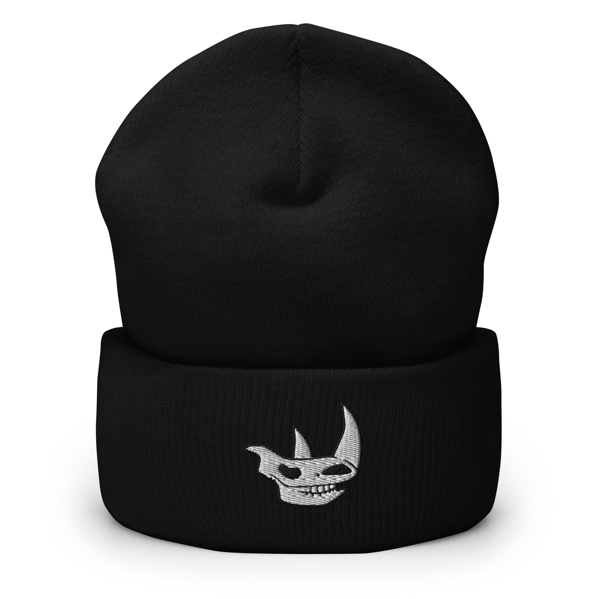 Rhinoceros Skull Embroidered Beanie, Handmade Cuffed Knit Unisex Slouchy Adult Winter Hat Cap Gift