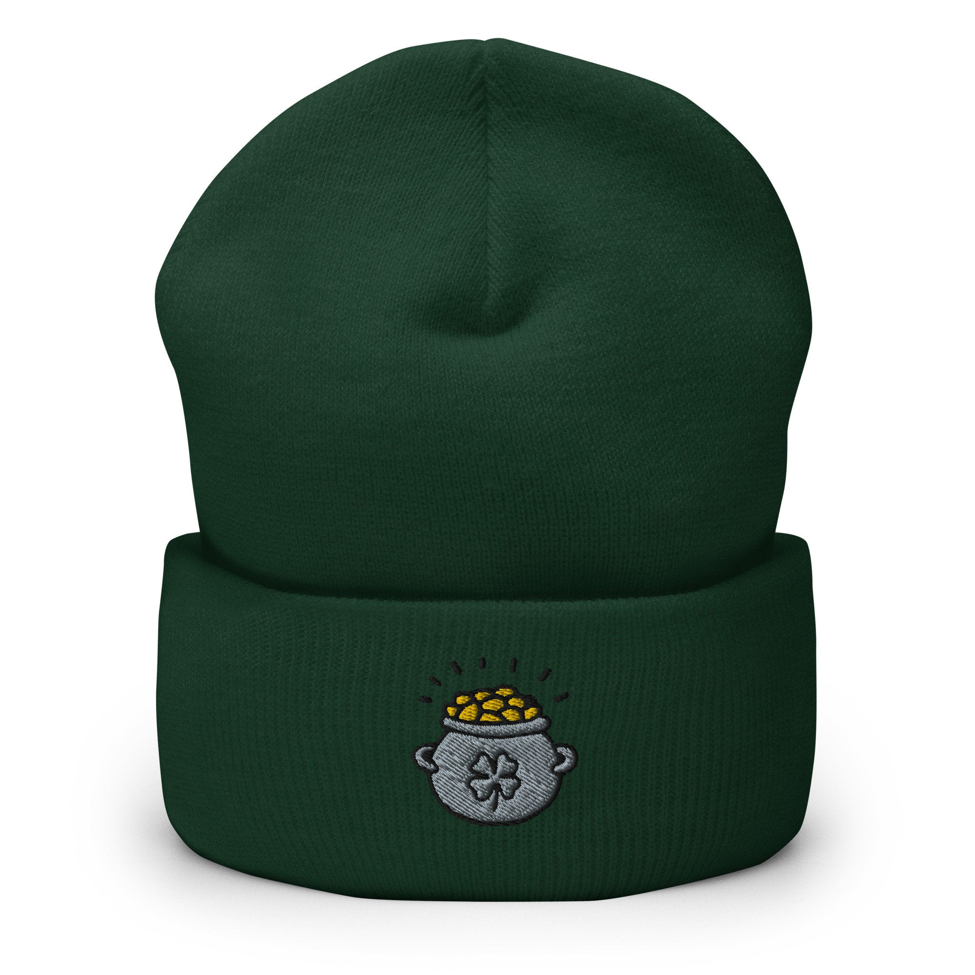 St. Patrick's Day Leprechaun Pot Of Gold Embroidered Beanie, Handmade Cuffed Knit Unisex Slouchy Adult Winter Hat Cap Gift