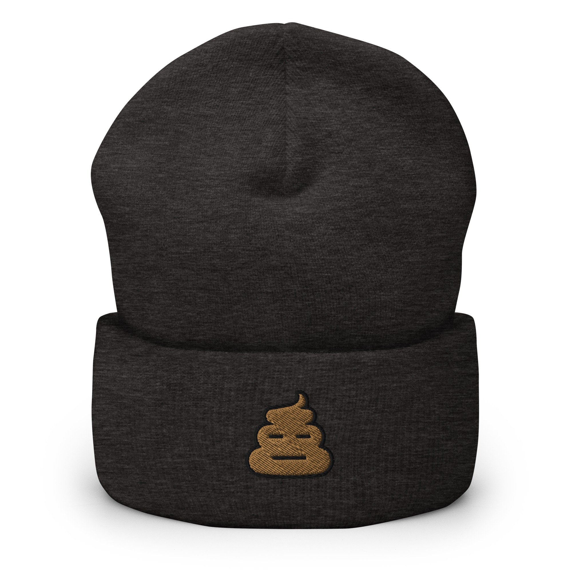 Poop Emoji Embroidered Beanie, Handmade Cuffed Knit Unisex Slouchy Adult Winter Hat Cap Gift