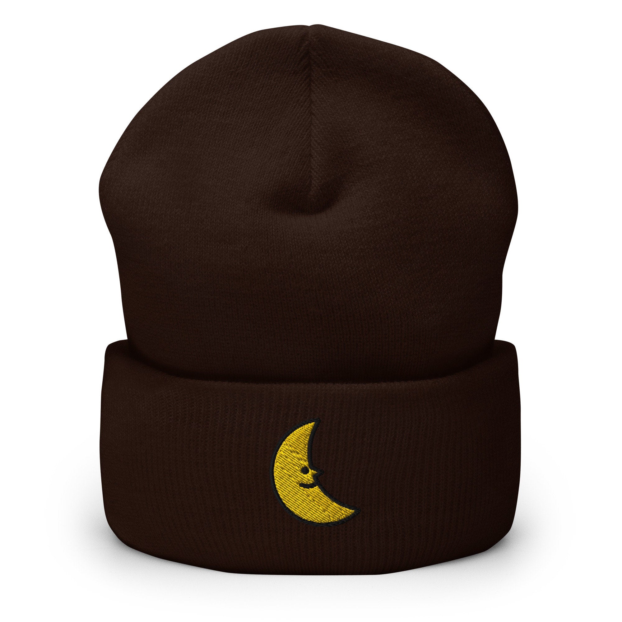 Smiling Crescent Moon Embroidered Beanie, Handmade Cuffed Knit Unisex Slouchy Adult Winter Hat Cap Gift